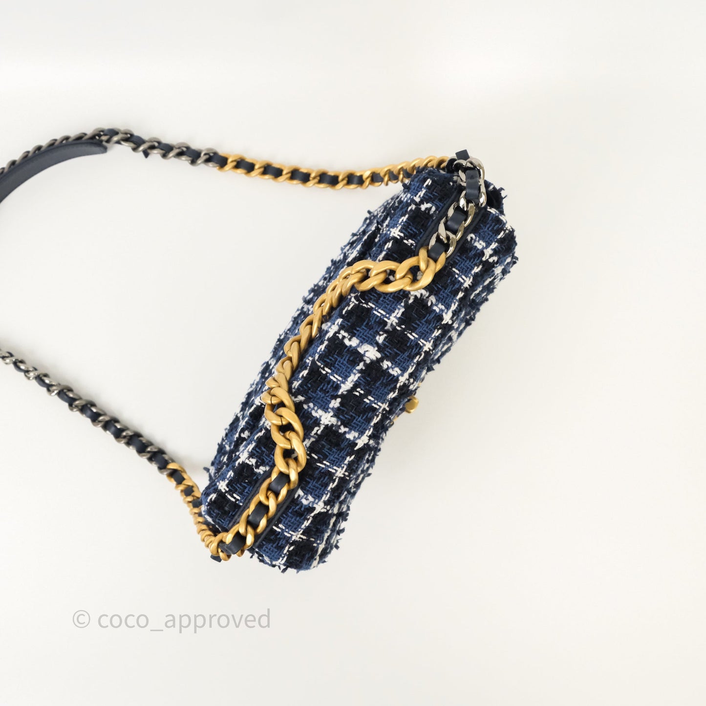Chanel 19 Small Blue White Black Grid Tweed Mixed Hardware