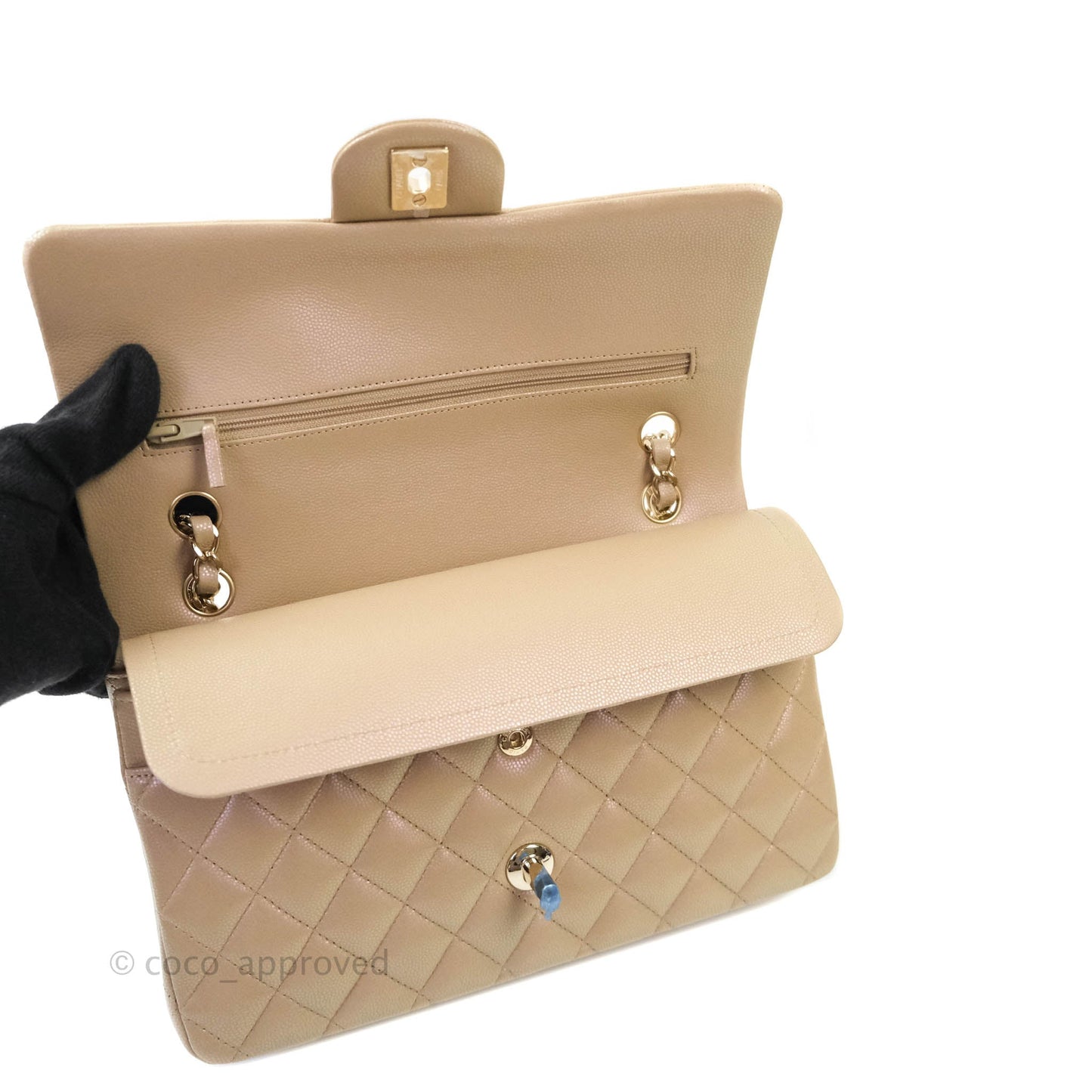Chanel M/L Medium Double Flap Bag Iridescent Dark Beige Caviar Gold Hardware 21S
