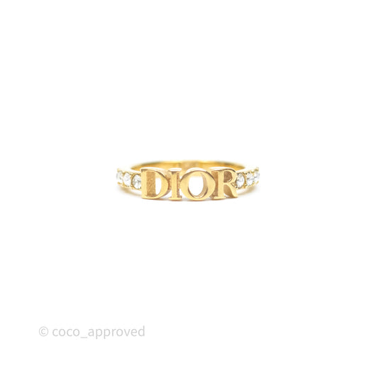 Christian Dior Crystal Logo Ring Gold Tone Size M
