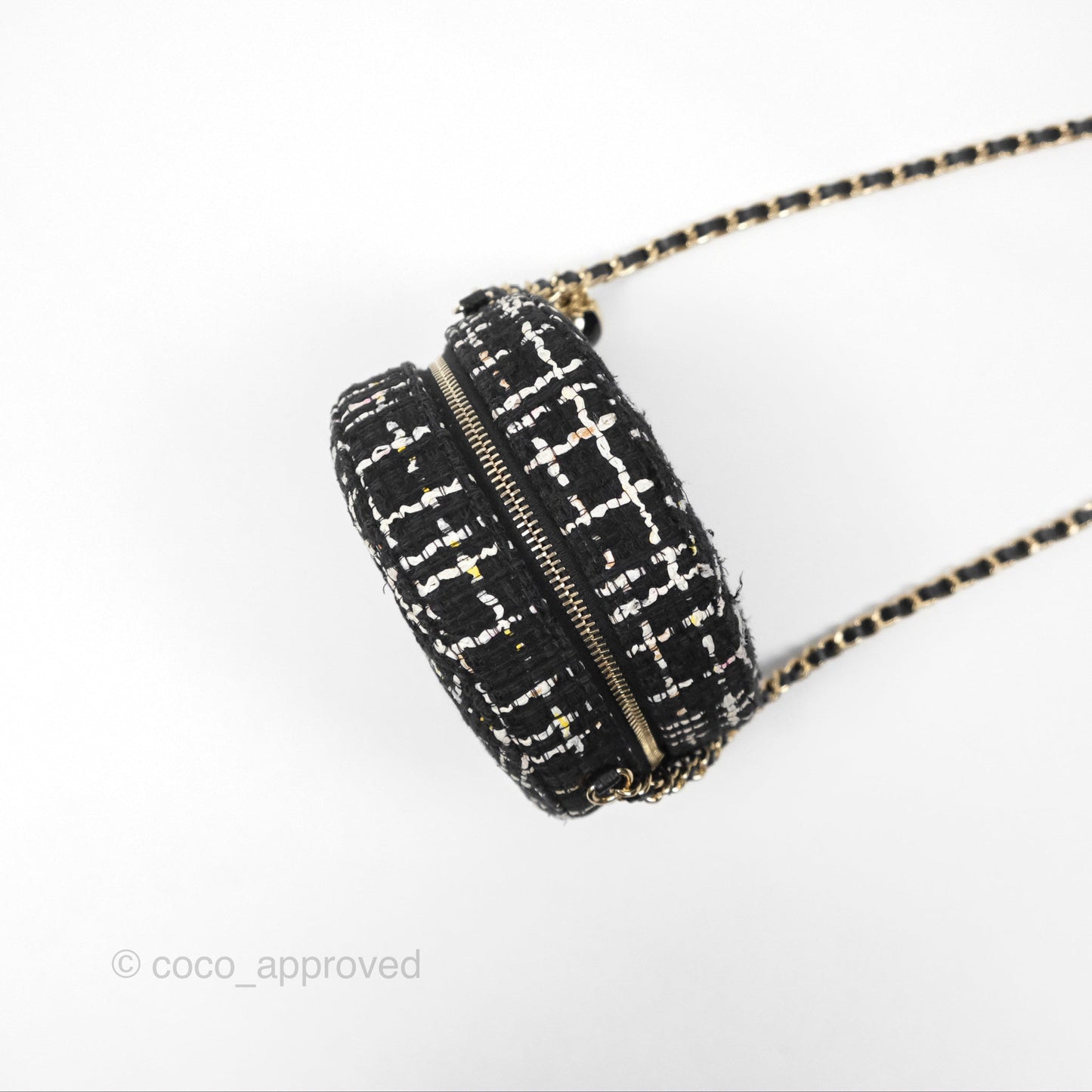 Chanel Classic Quilted Round Clutch With Chain Black Tweed Gold Hardware