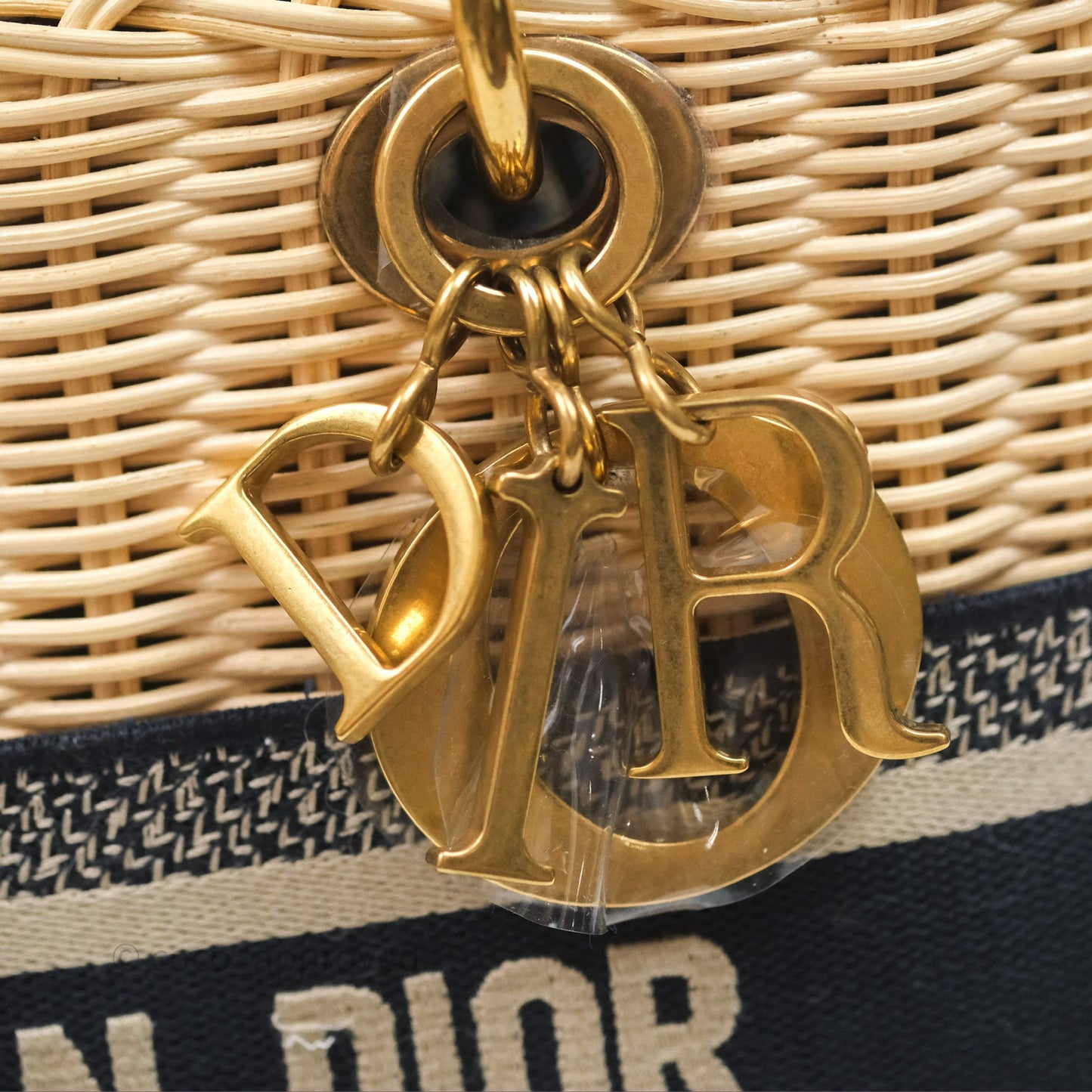 Christian Dior Medium Lady Dior Natural Rattan and Blue Dior Oblique Jacquard