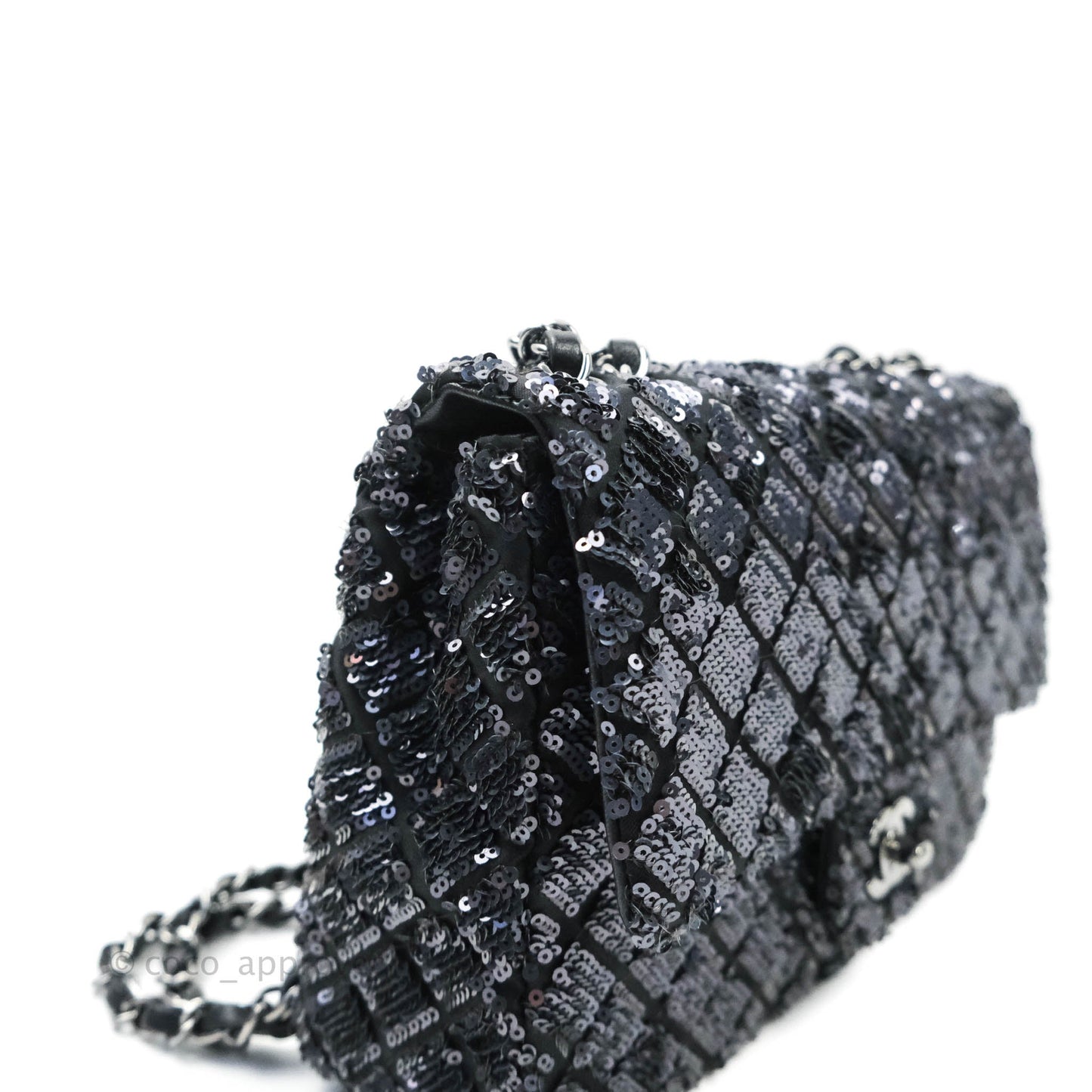 Chanel Quilted Medium Satin Sequin Single Flap Navy Black Gun Metal