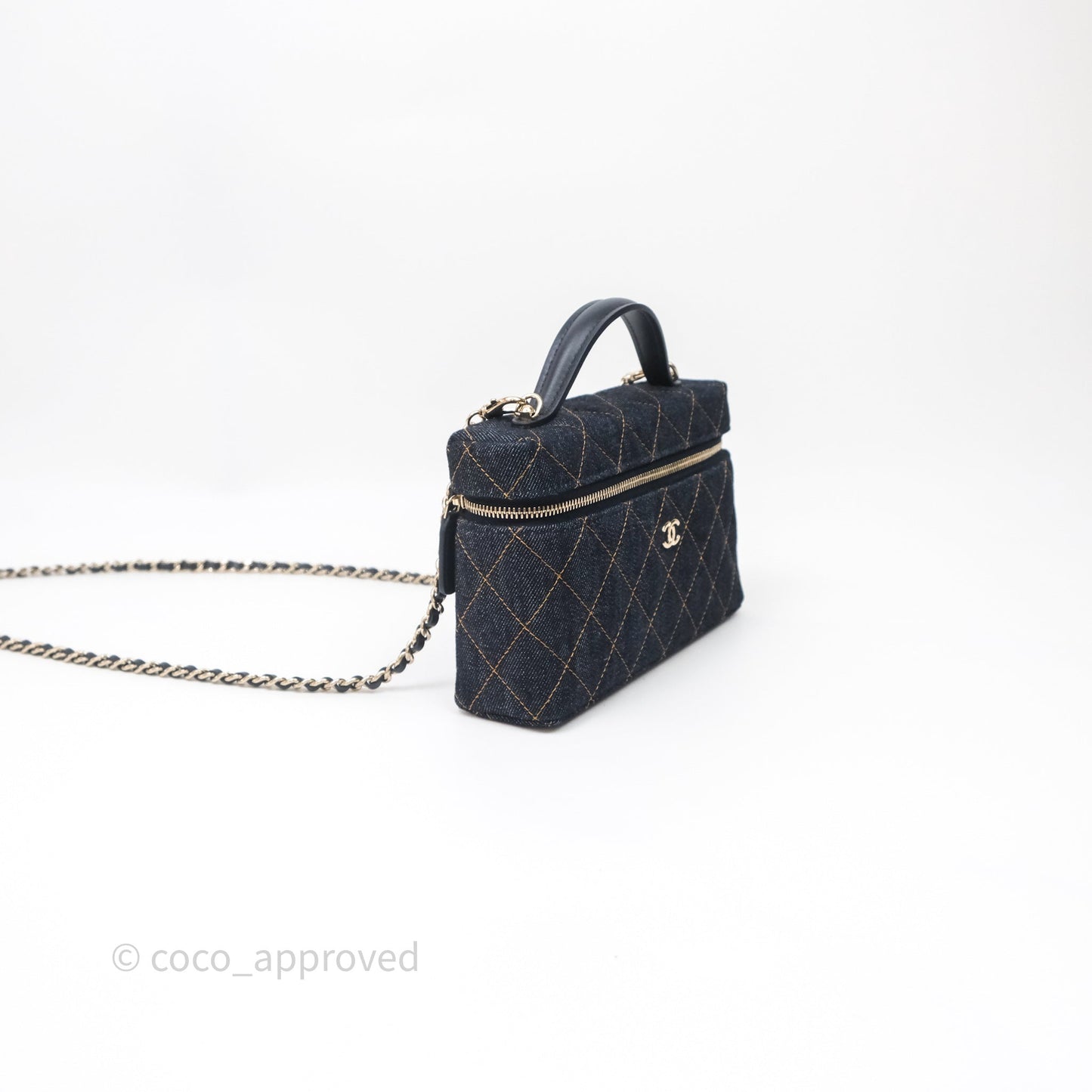 Chanel Top Handle Long Vanity with Chain Dark Blue Denim Gold Hardware