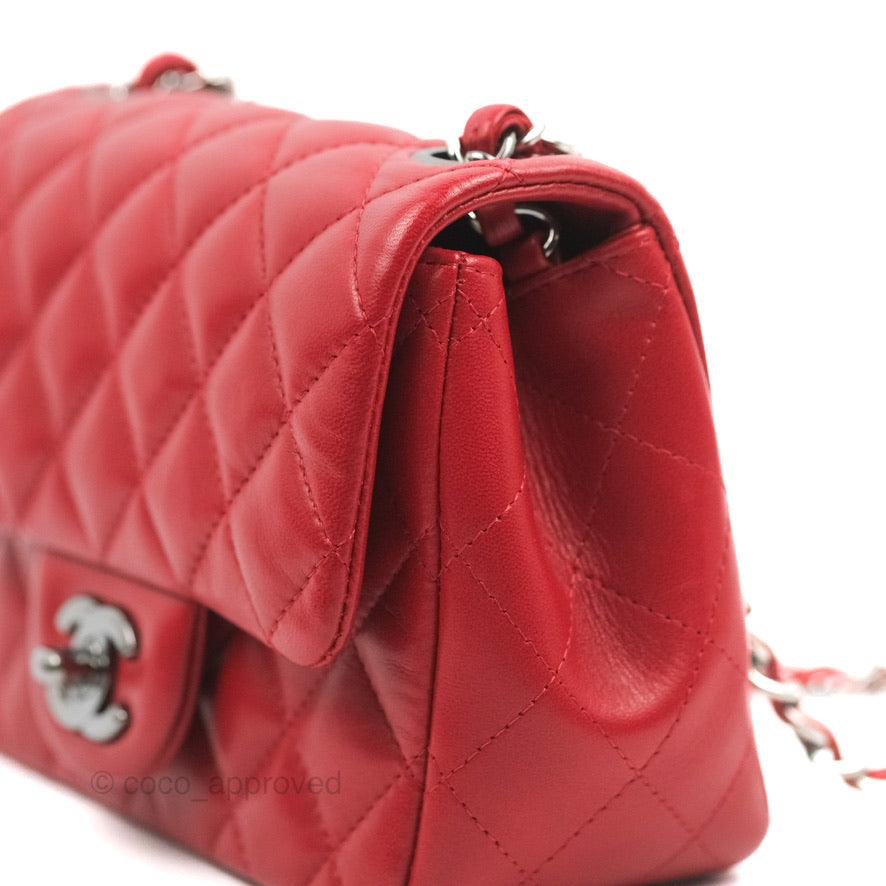 Chanel Quilted Mini Square Red Lambskin Gun Metal