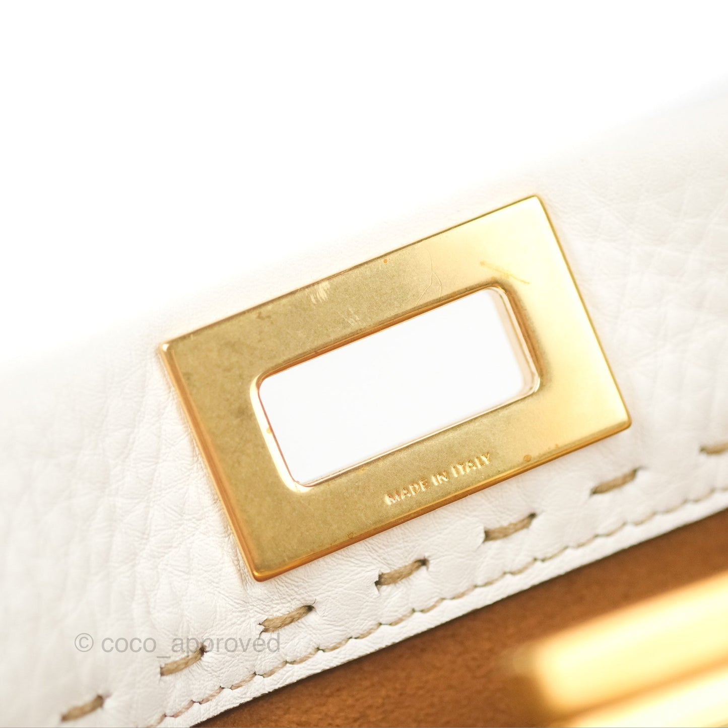 Fendi Mini Peekaboo Bag Contrast Stitch Off White/Navy Grained Leather Gold Hardware