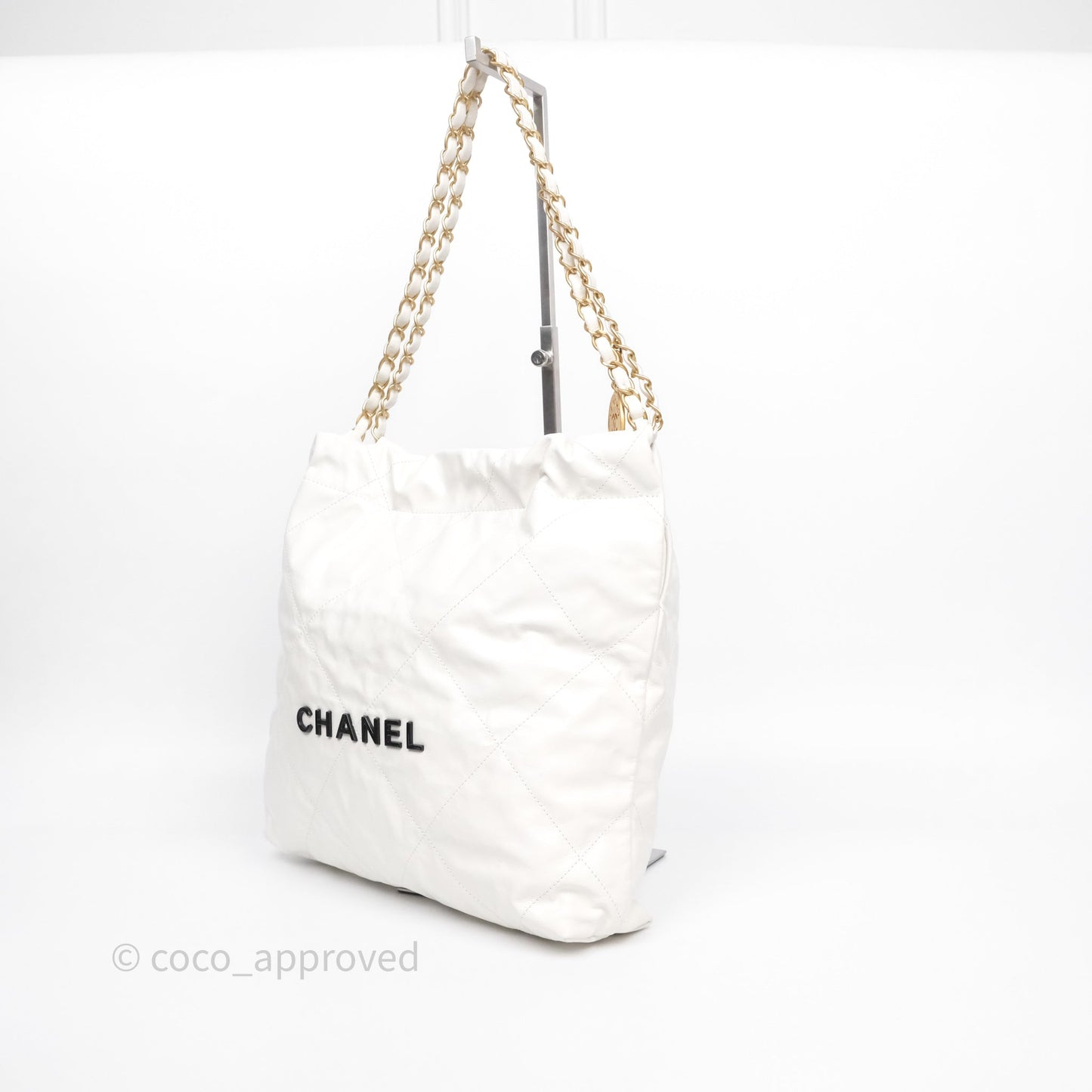 Chanel 22 Small White Shiny Crumpled Calfskin Aged Gold Hardware
