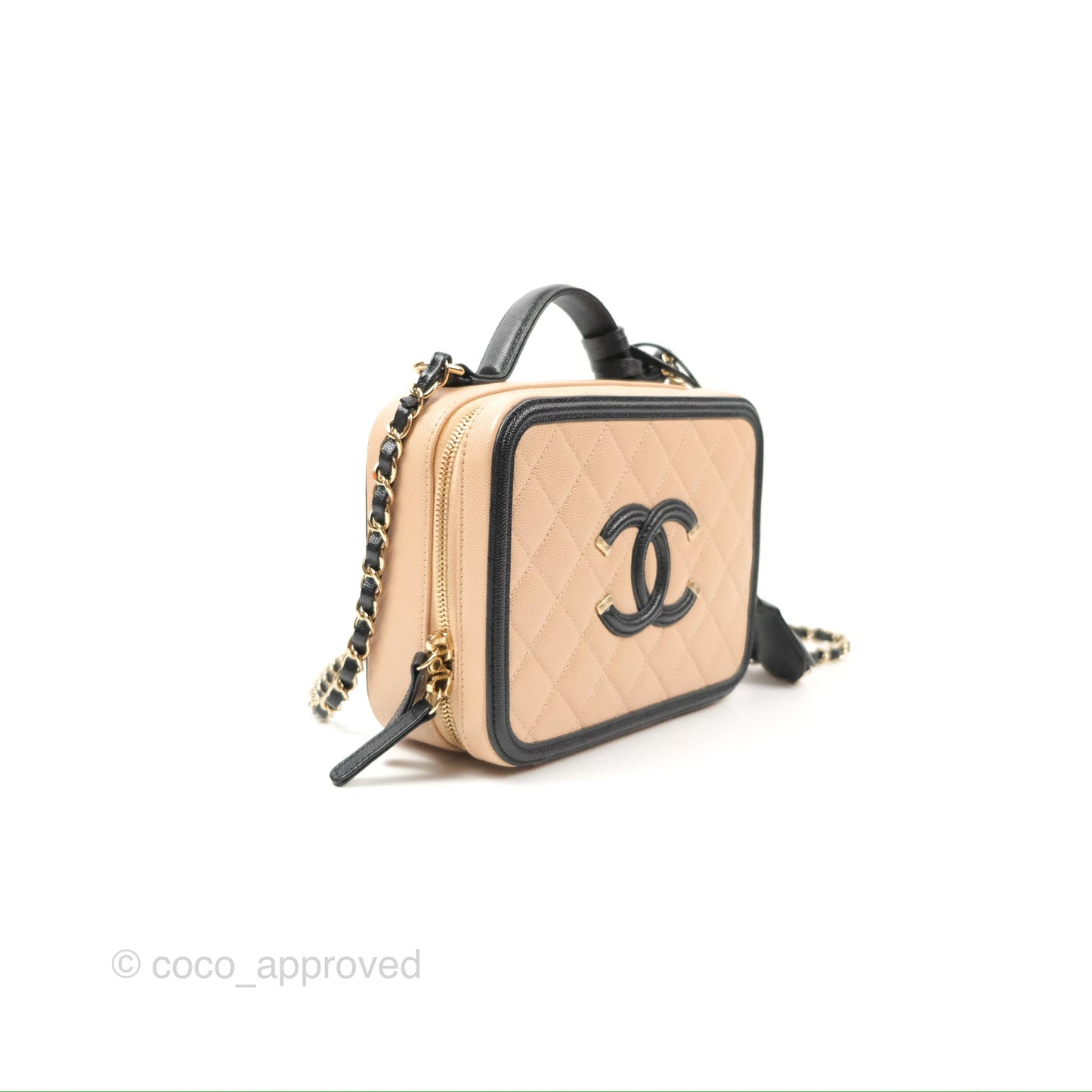 Chanel Quilted Medium CC Filigree Vanity Case Black Beige Caviar Gold Hardware