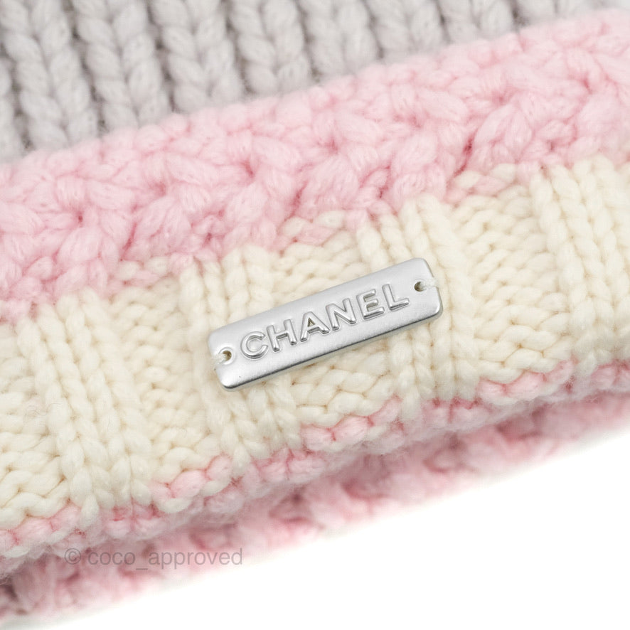 Chanel Cashmere CC Beanie Hat Light Grey / Light Pink / White