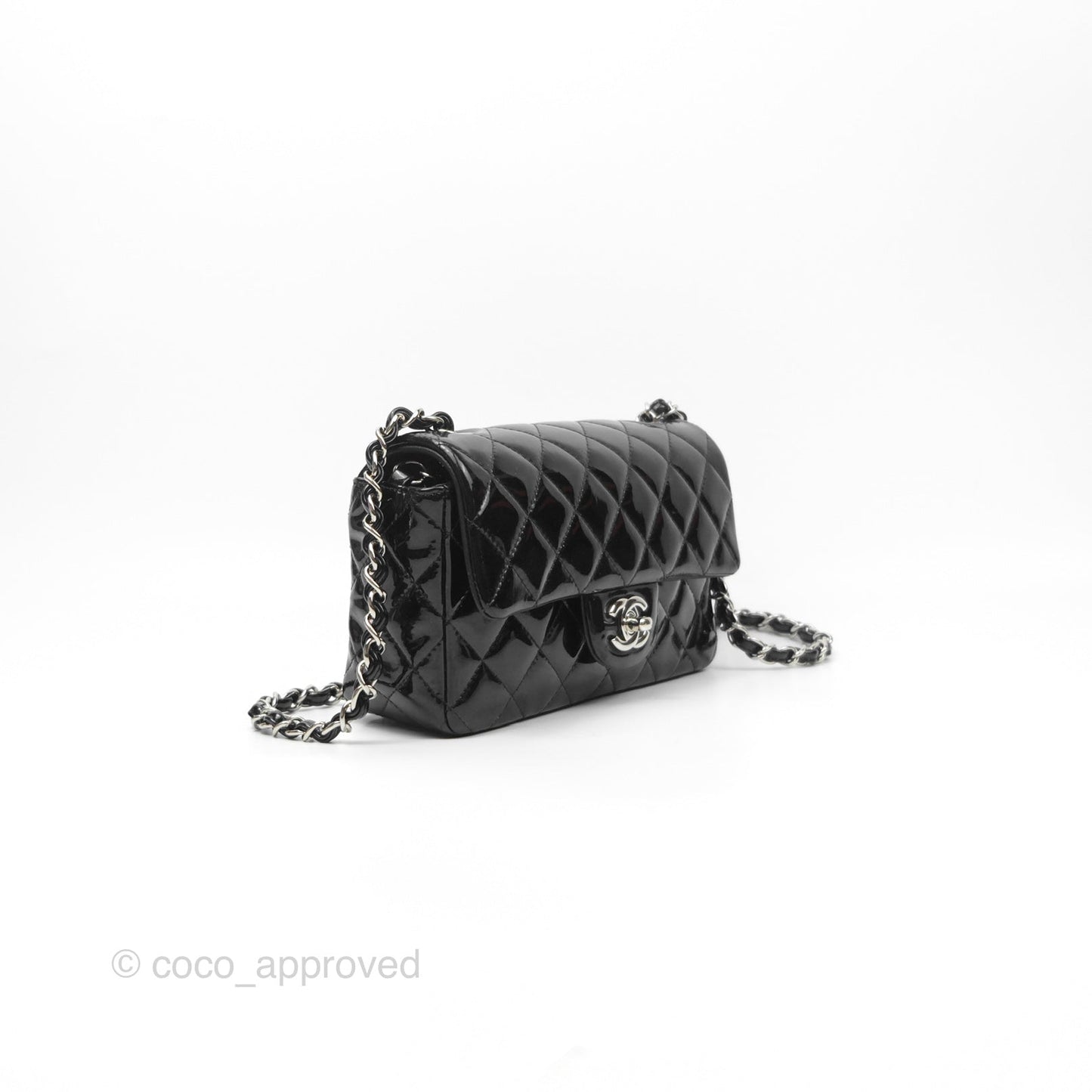 Chanel Quilted Mini Rectangular Flap Black Patent Silver Hardware