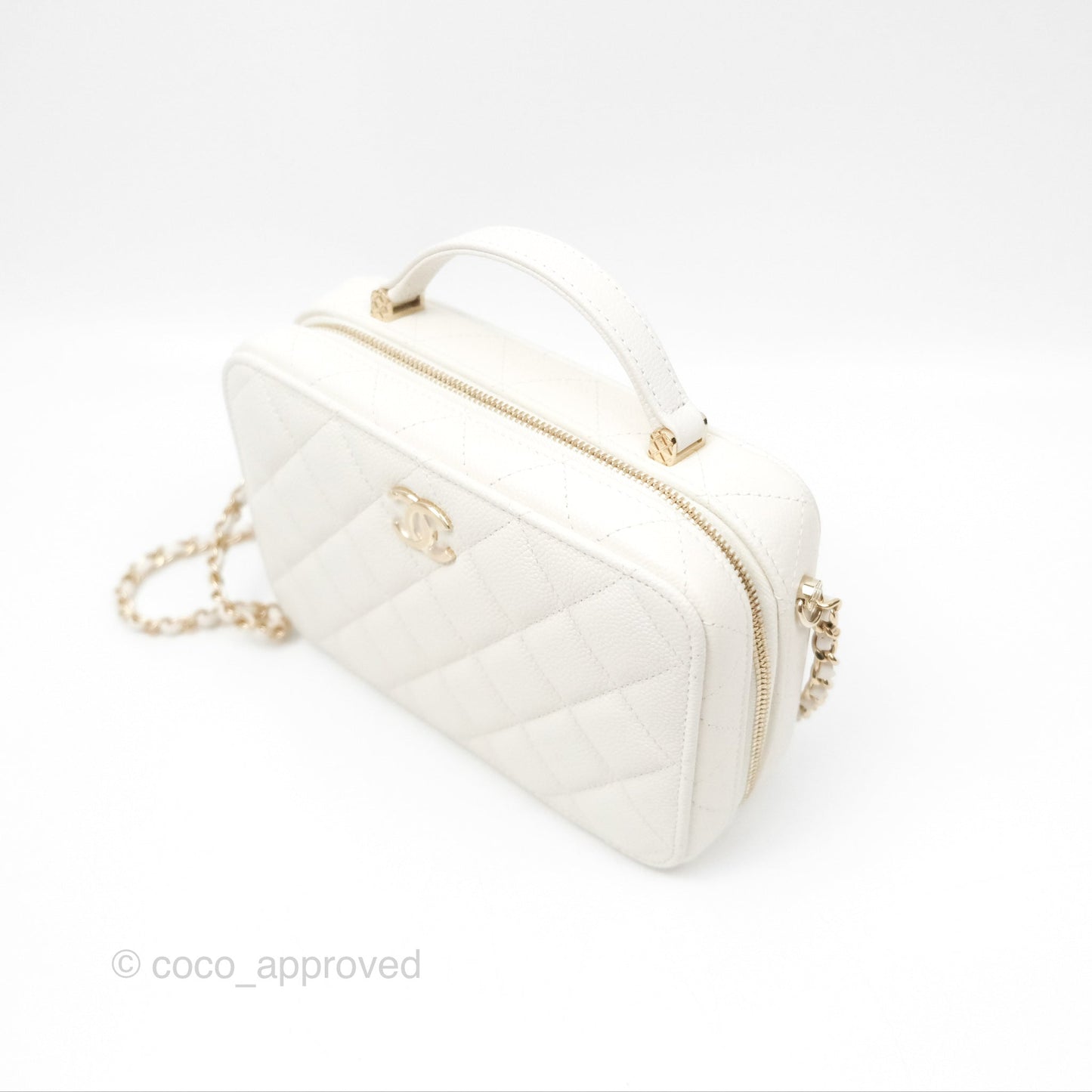 Chanel Quilted Top Handle Vanity White Caviar Gold Hardware