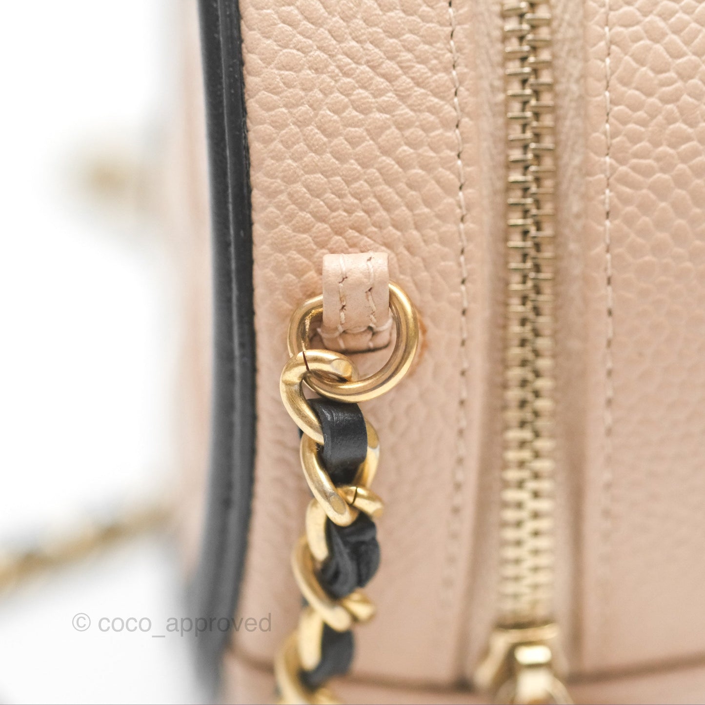 Chanel Quilted Round Filigree Clutch With Chain Beige Black Caviar Gold Hardware