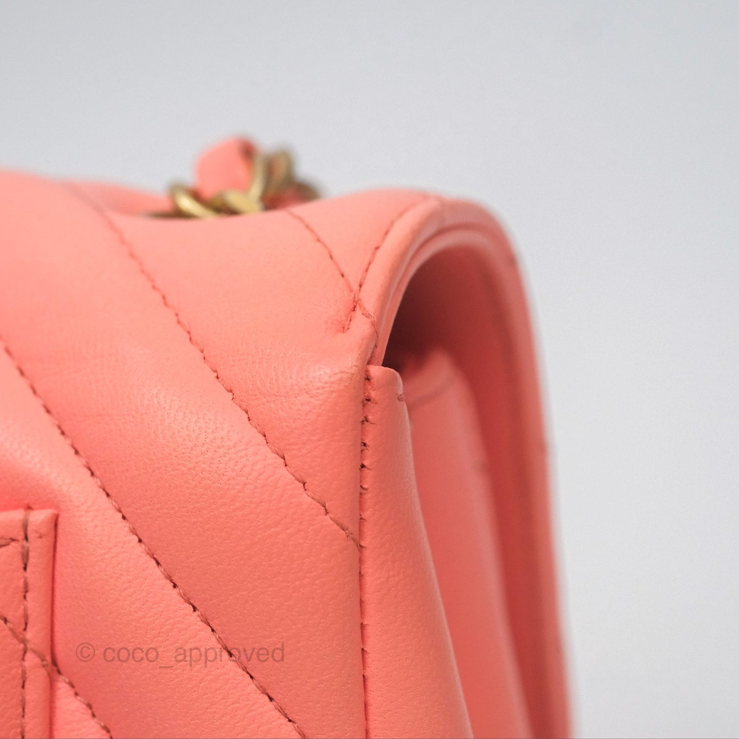 Chanel Chevron Mini Rectangular Flap Peach Pink Lambskin Aged Gold Hardware