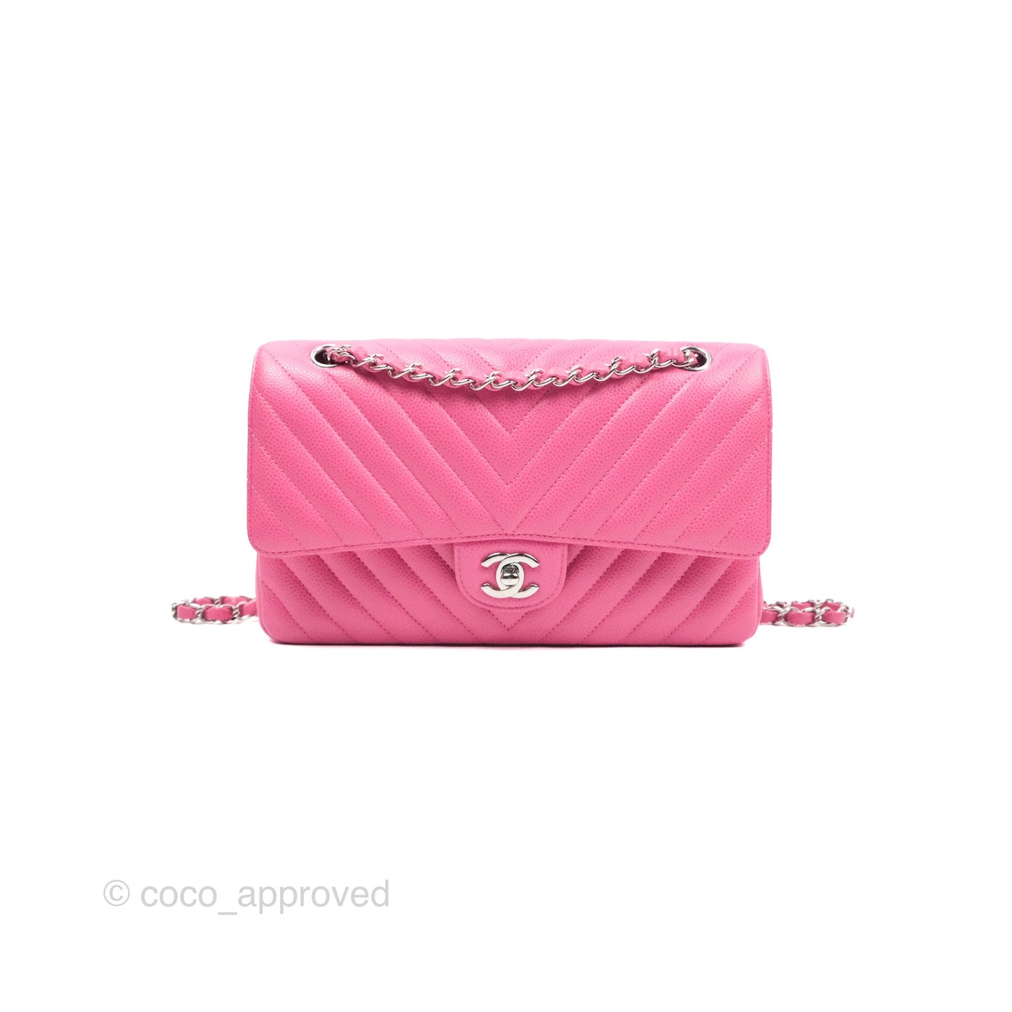 Chanel Medium Classic Flap Chevron Pink Caviar Silver Hardware