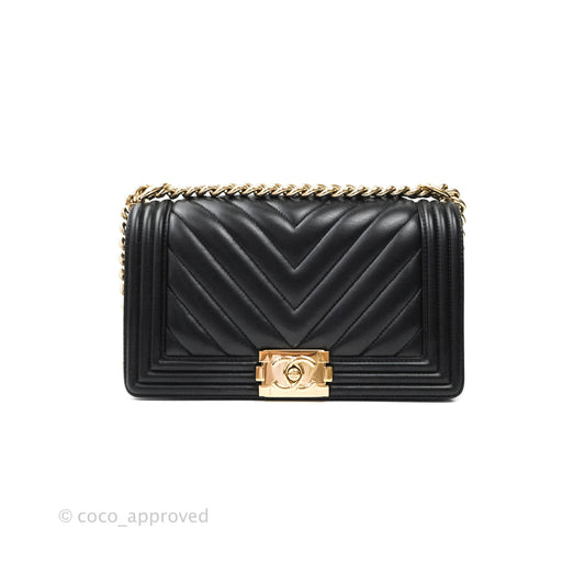 Chanel Boy Chevron Medium Black Lambskin Gold Hardware
