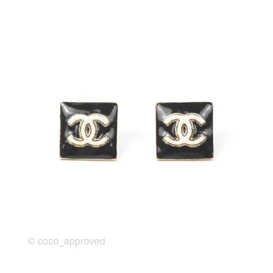 Chanel CC Square Earrings Black/ White Gold Tone 22A