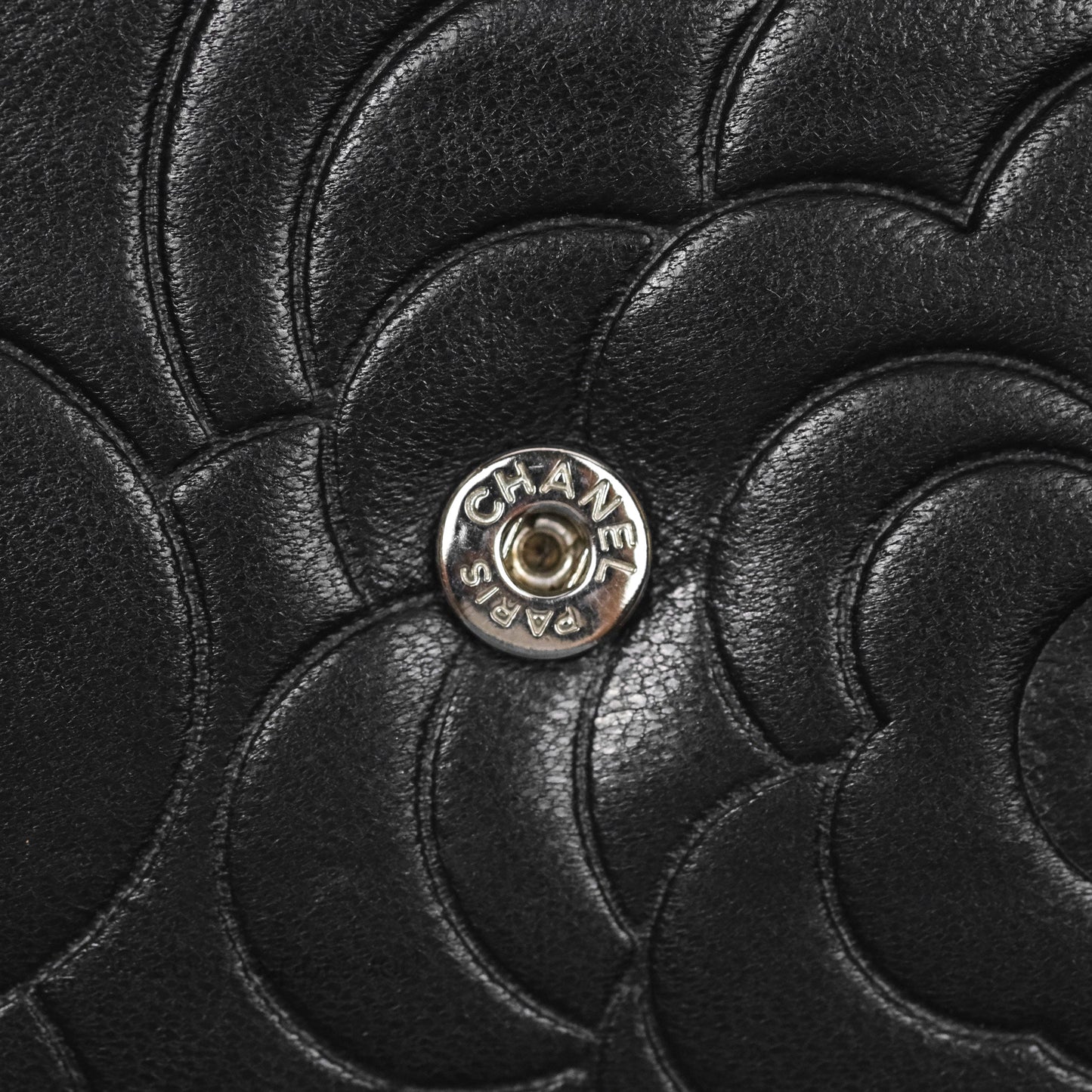 Chanel Camellia Embossed Wallet on Chain WOC Black Lambskin Silver Hardware