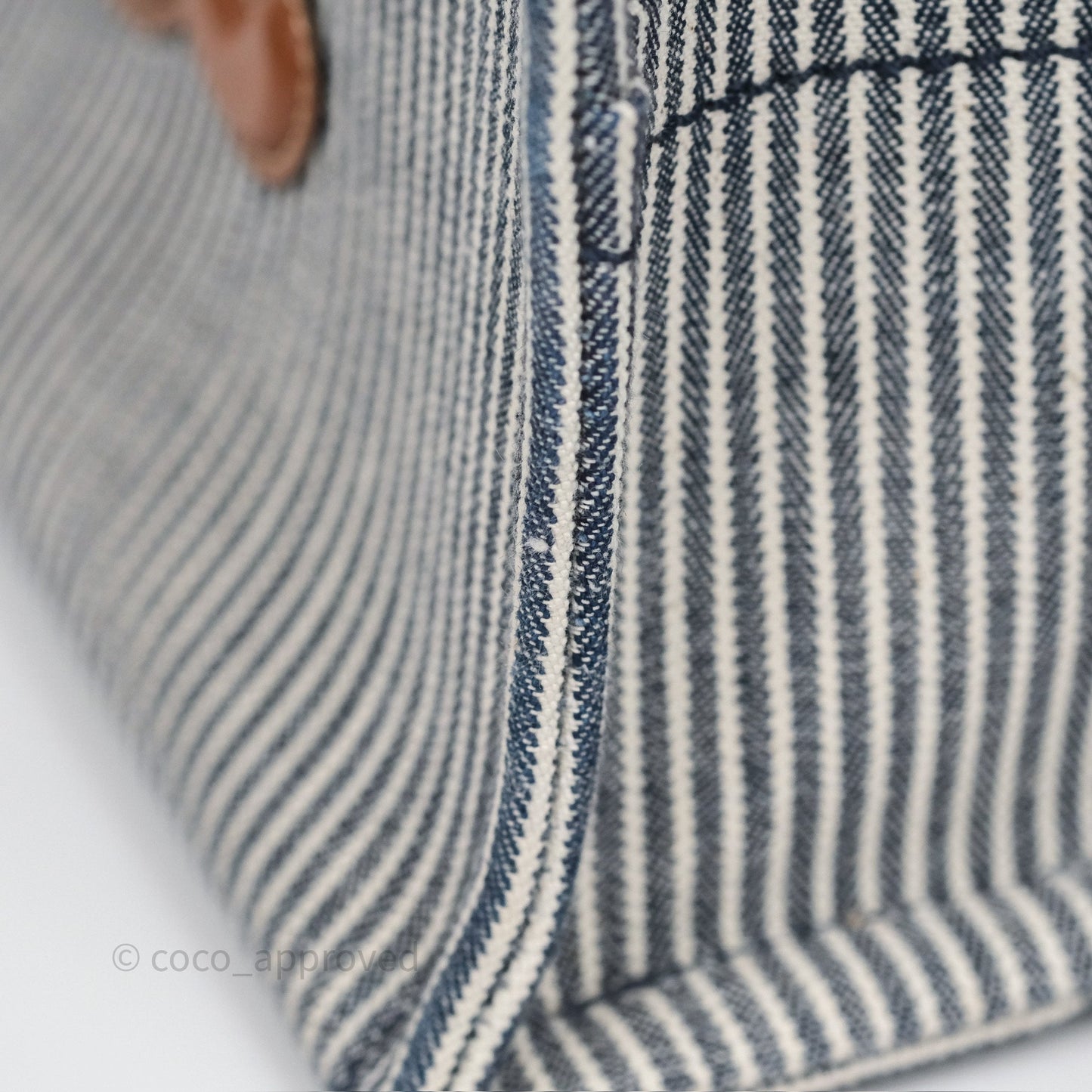 Celine Small Triomphe Cabas Thais Navy Blue Striped Canvas Tan Calfskin