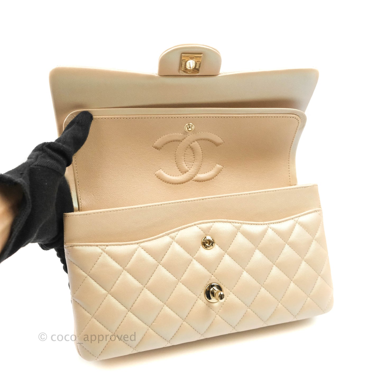 Chanel Classic M/L Medium Double Flap Iridescent Beige Calfskin Gold Hardware 21S