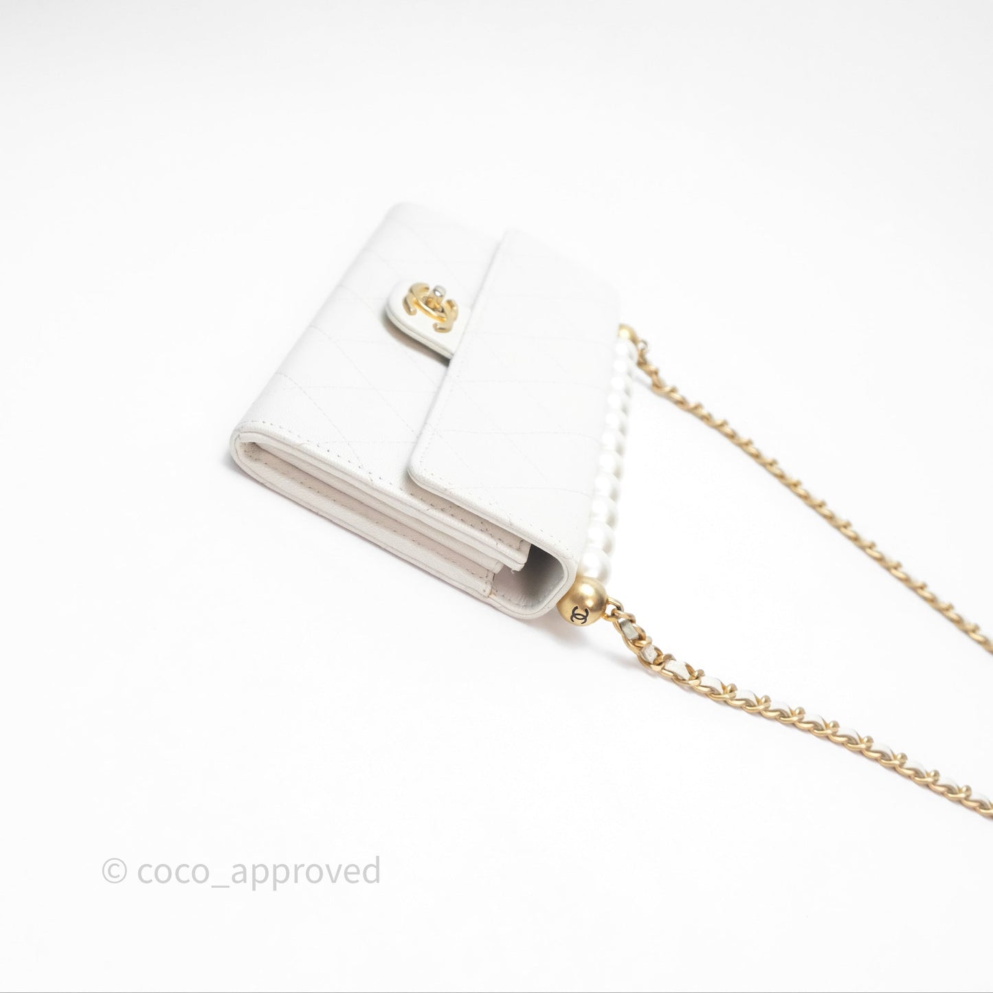 Chanel Quilted Mini Chic Pearls Flap Wallet On Chain WOC White Goatskin Aged Gold Hardware