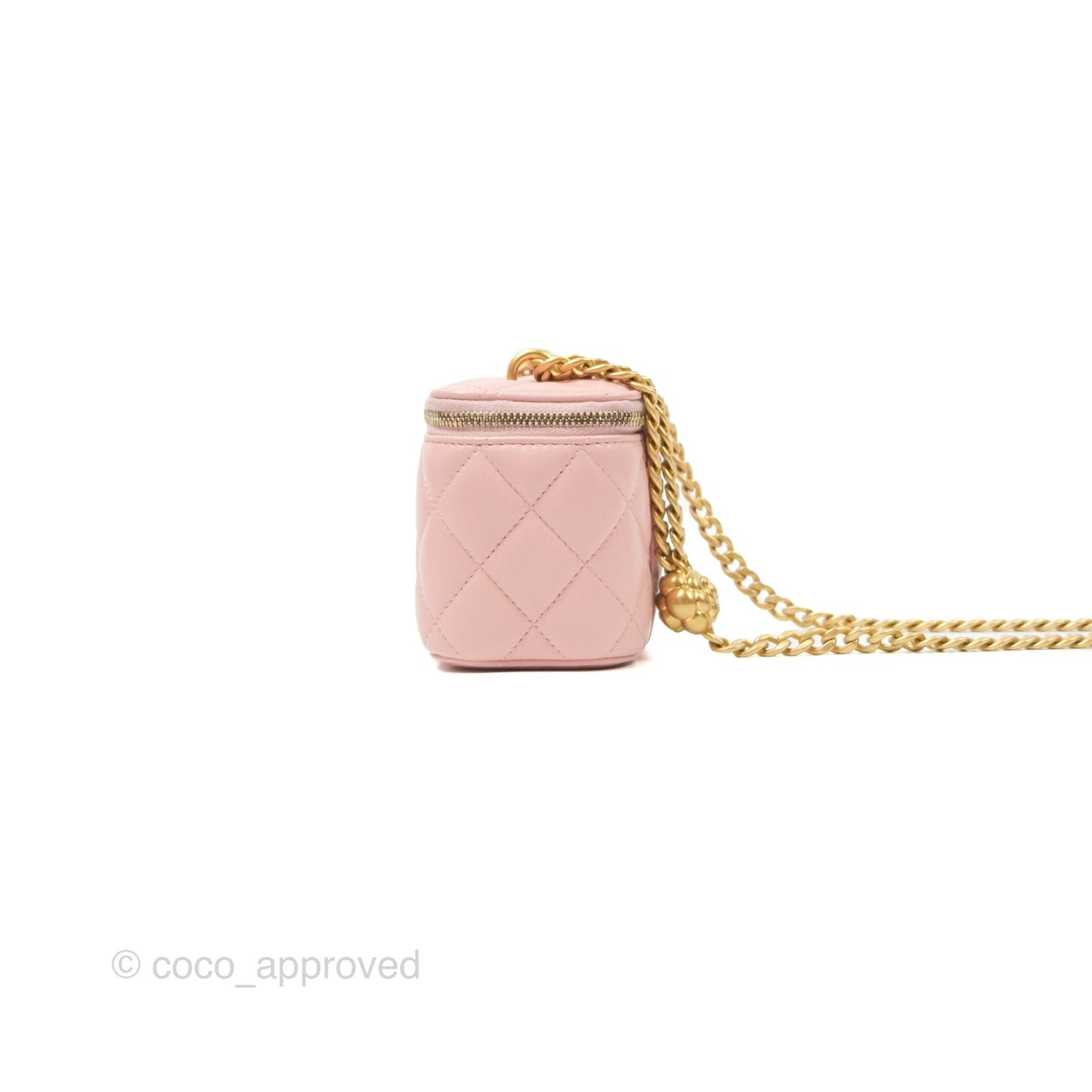 Chanel Mini Vanity With Chain Adjustable Camellia Light Pink Lambskin Aged Gold Hardware