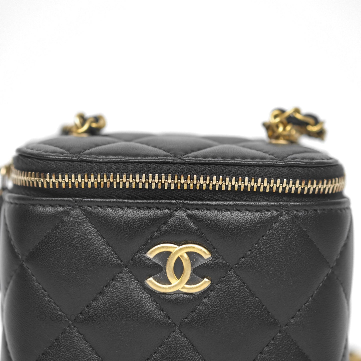 Chanel Mini Vanity With Double Chain Black Lambskin Aged Gold Hardware