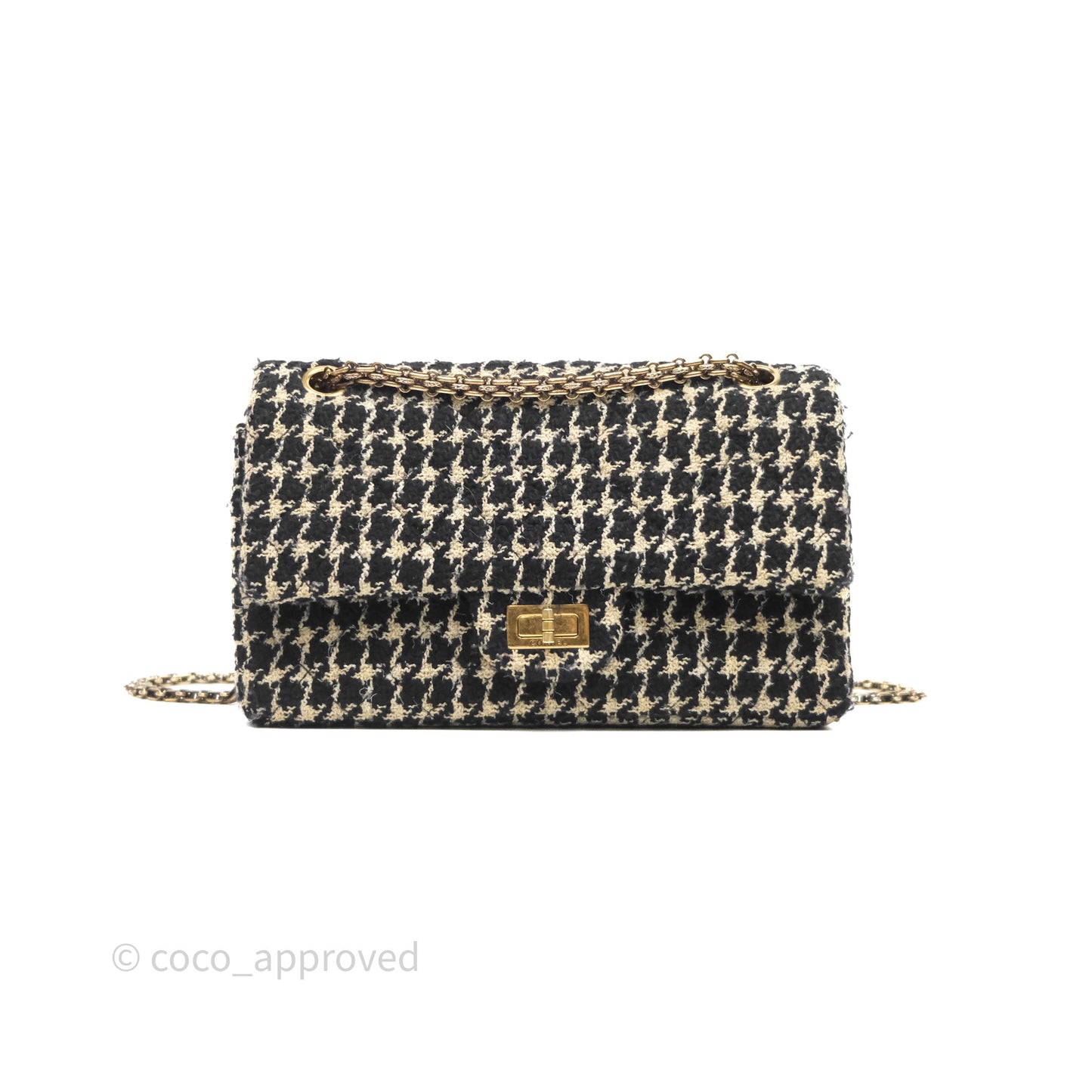 Chanel Reissue 225 Flap Houndstooth Beige Black Fabric Antique Gold Hardware