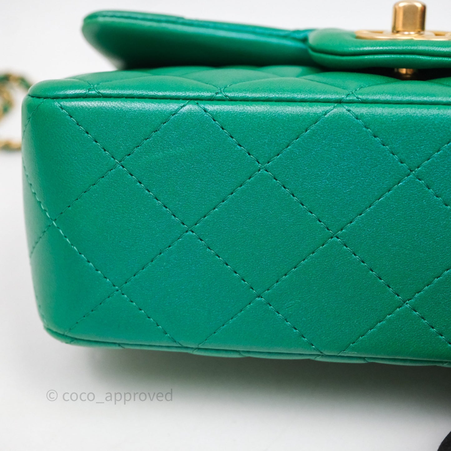 Chanel Top Handle Mini Rectangular Flap Bag Iridescent Green Lambskin Aged Gold Hardware