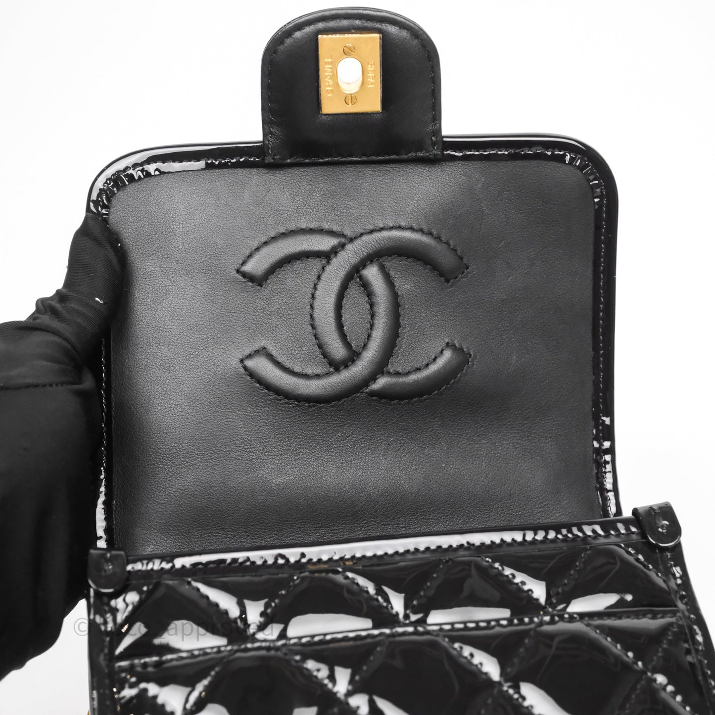 Chanel Mini School Memory Top Handle Flap Black Patent
