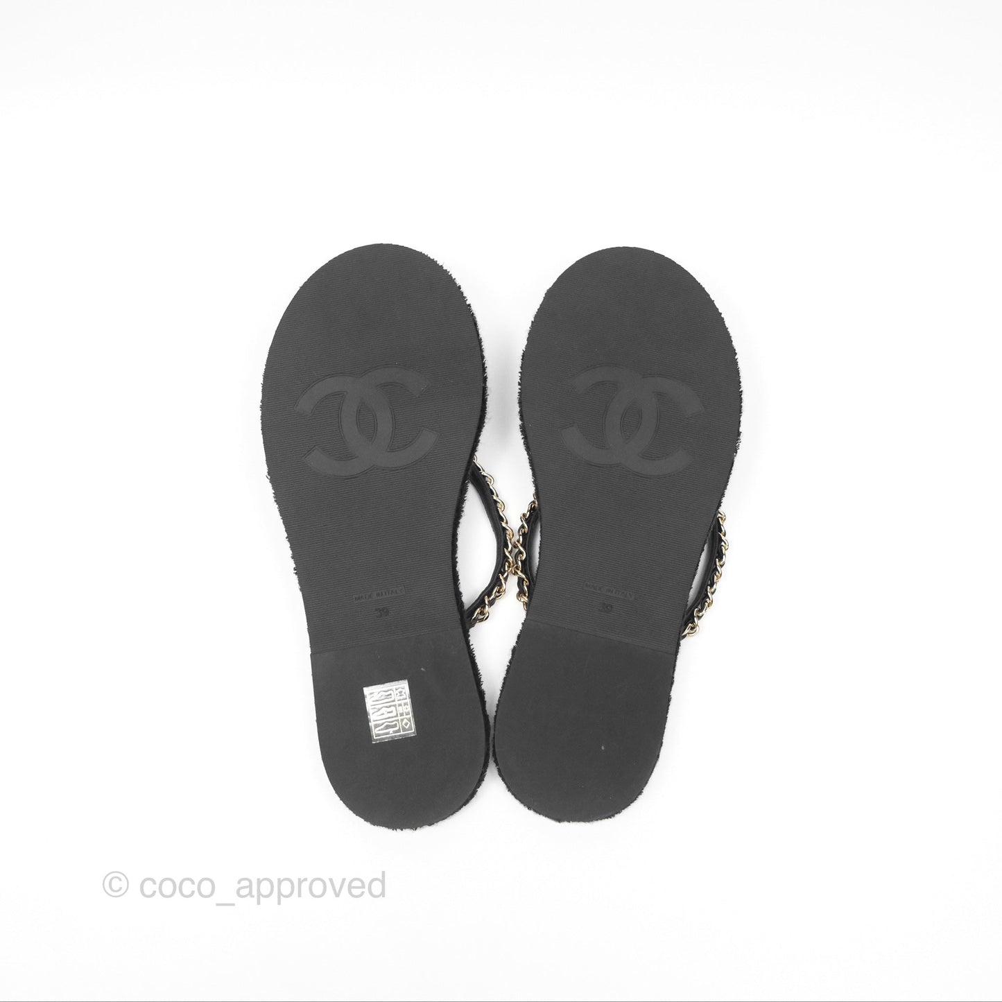 Chanel Chain Terry Slide Thong Sandals Black Size 39