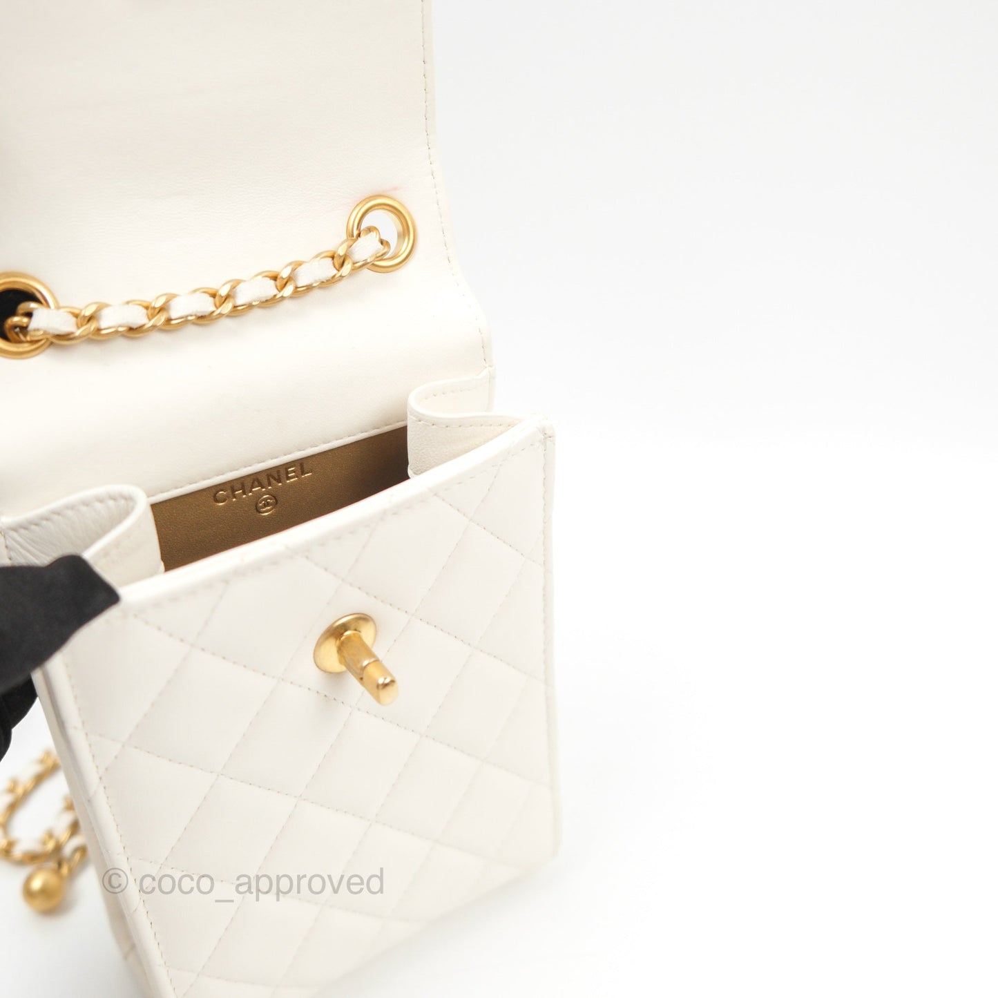 Chanel Quilted Pearl Crush Phone Holder With Chain White Lambskin