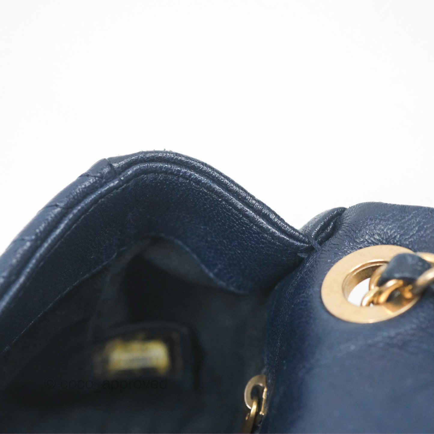 Chanel Small Chevron Surpique Flap Navy Calfskin Aged Gold Hardware