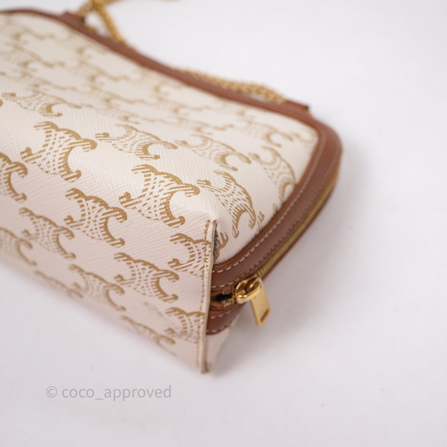 Celine Clutch With Chain Triomphe Canvas Lambskin White/Tan
