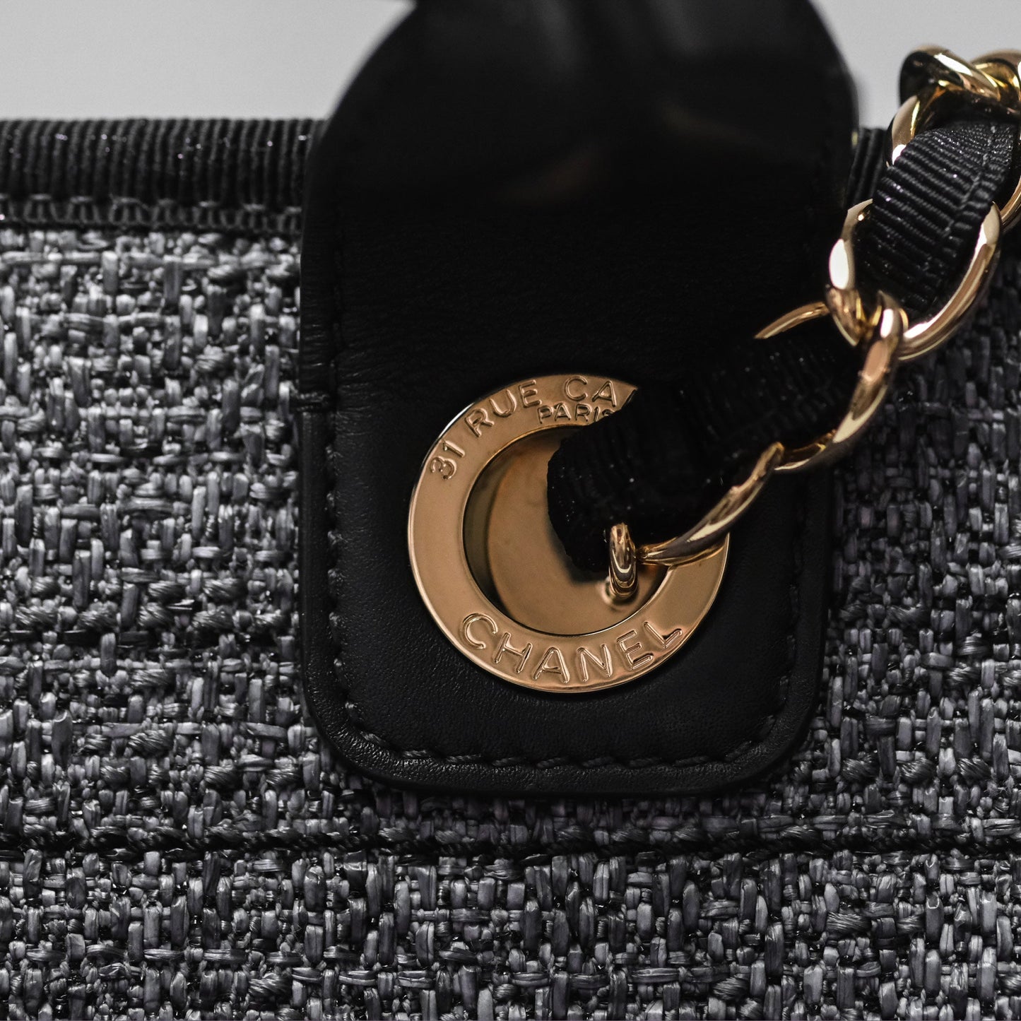 Chanel Large Deauville Glitter Black Grey Raffia Gold Hardware