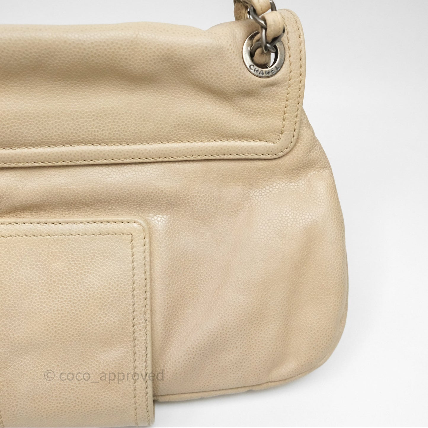 Chanel Quilted Coco Rider Hobo Bag Beige Caviar Ruthenium Hardware