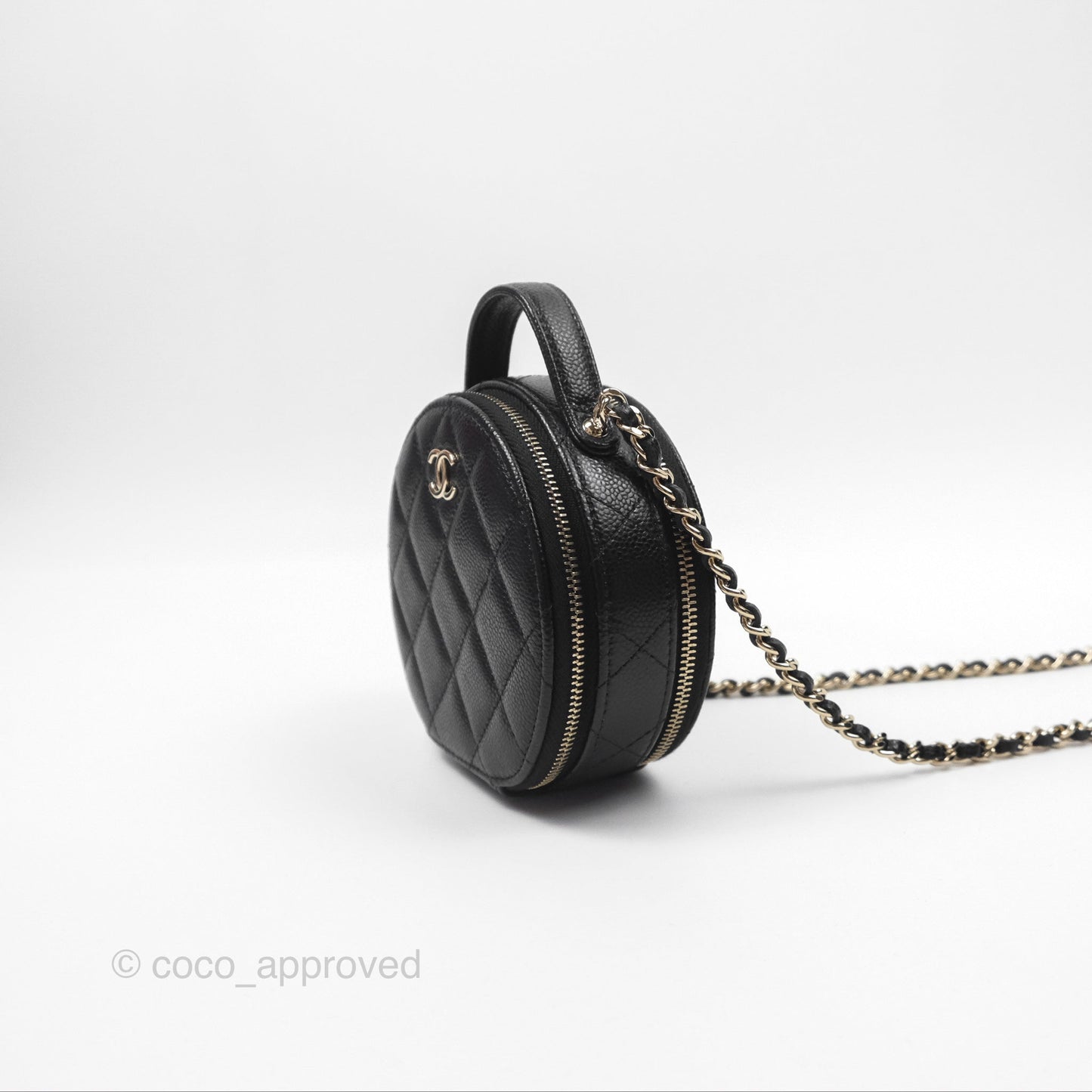 Chanel Mini Round Vanity Bag Handle With Care Black Caviar Gold Hardware