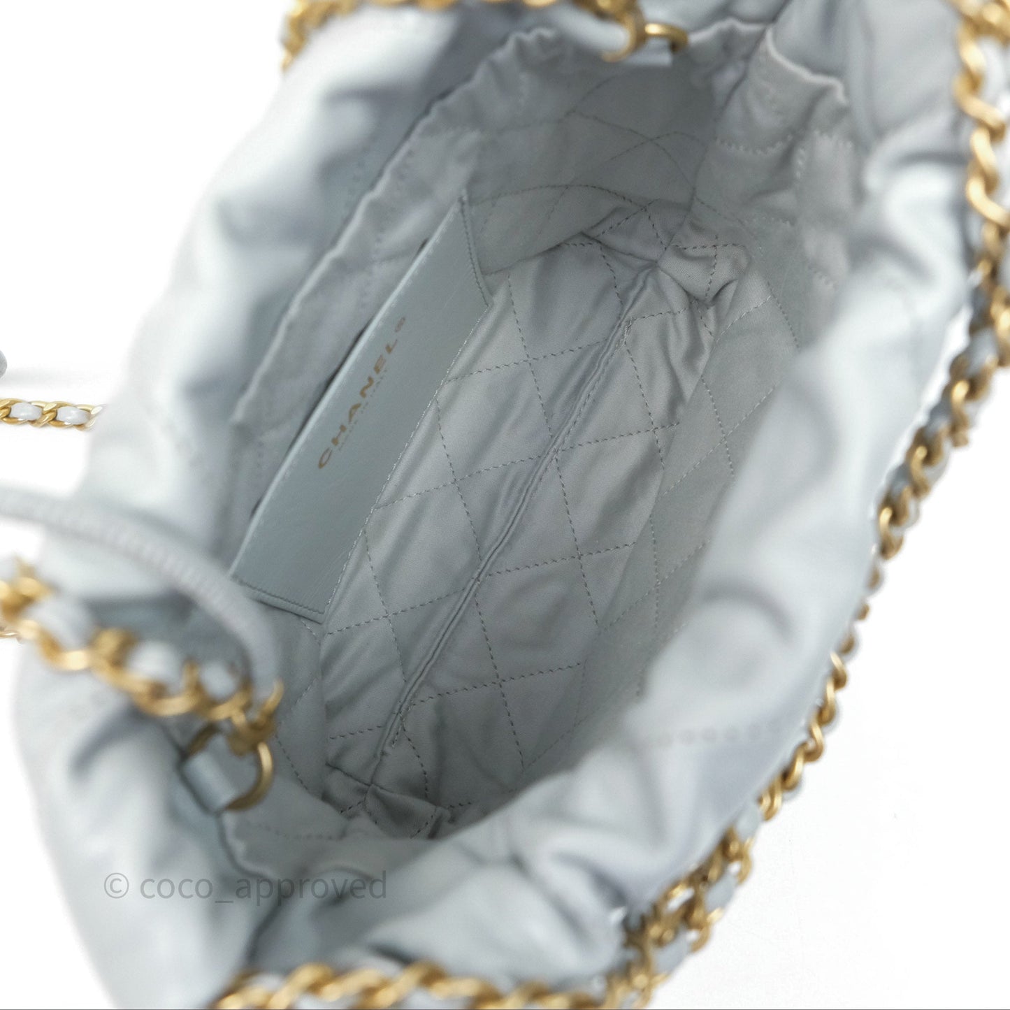 Chanel 22 Mini Bag Blue Grey Shiny Crumpled Calfskin Aged Gold Hardware