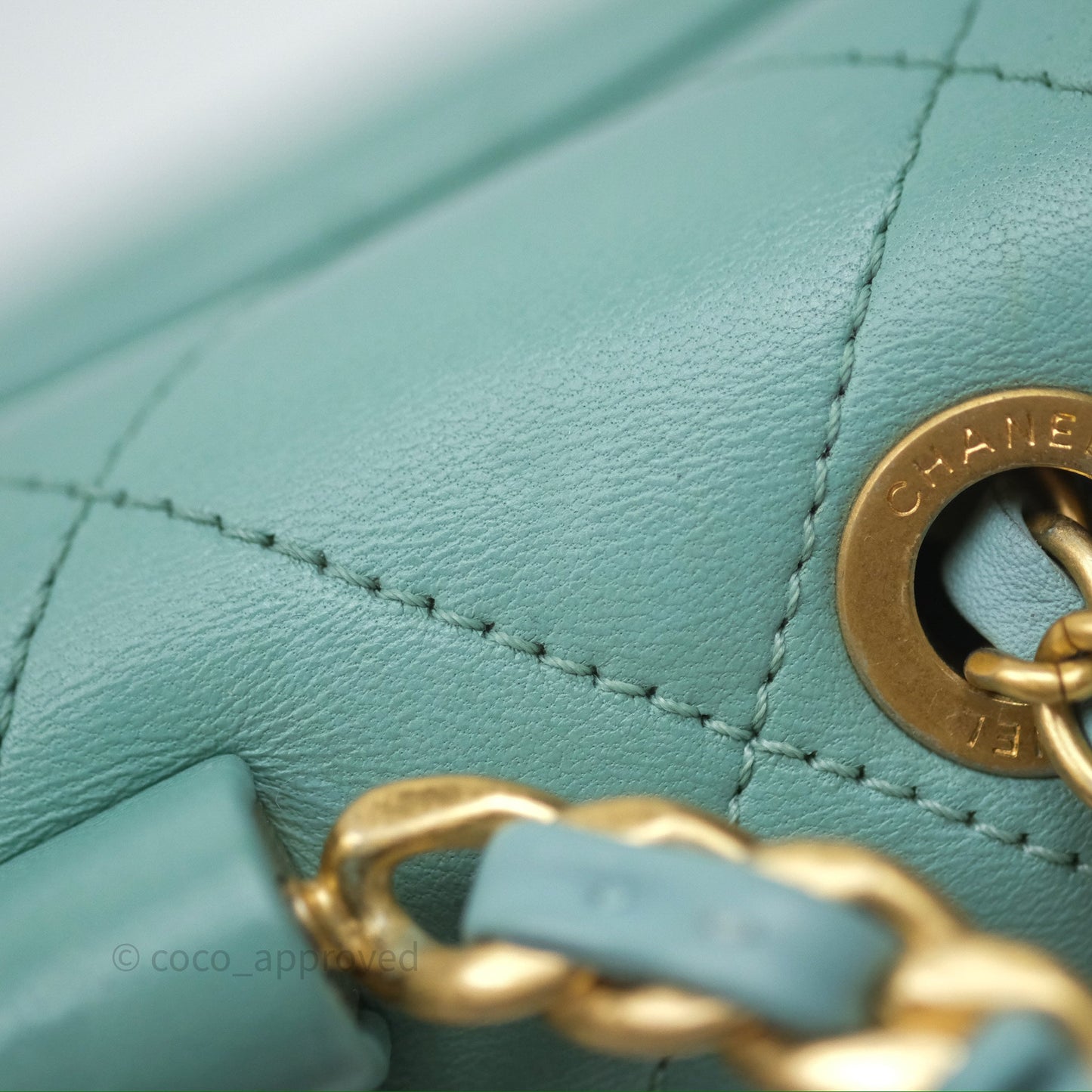 Chanel Quilted Small Circular Handle Bag Mint Green Aged Gold Hardware