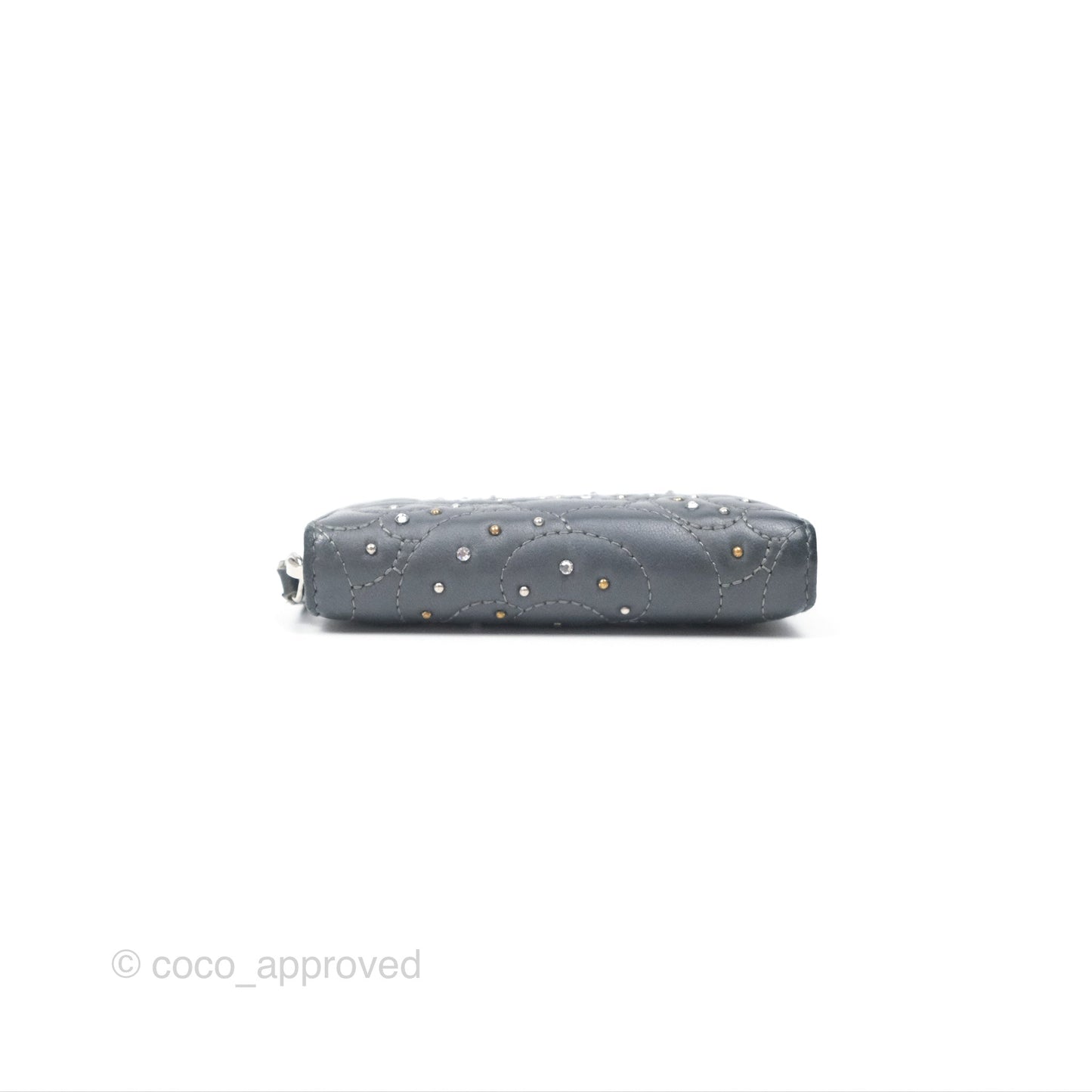 Chanel Camellia Crystal Studded Zipped Coin Purse Grey Silver Hardware