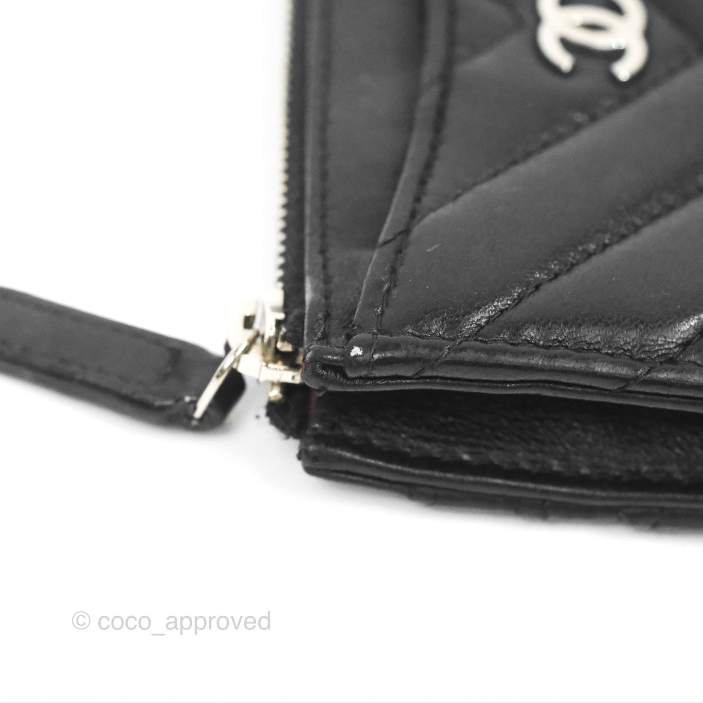 Chanel Chevron CC Zipped Card Holder Black Lambskin Silver Hardware