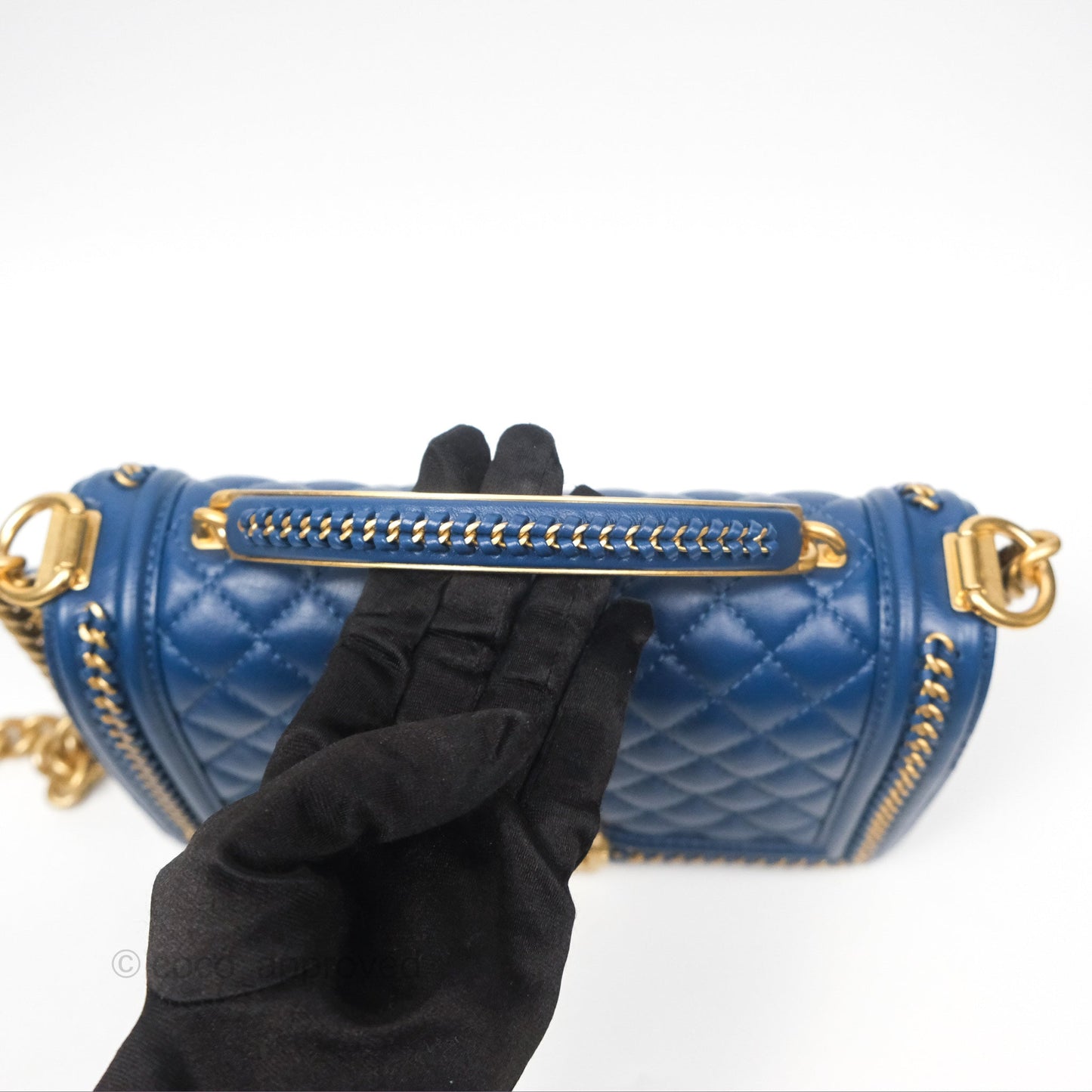 Chanel Quilted Medium Boy With Handle Dark Blue Calfskin Aged Gold Hardware