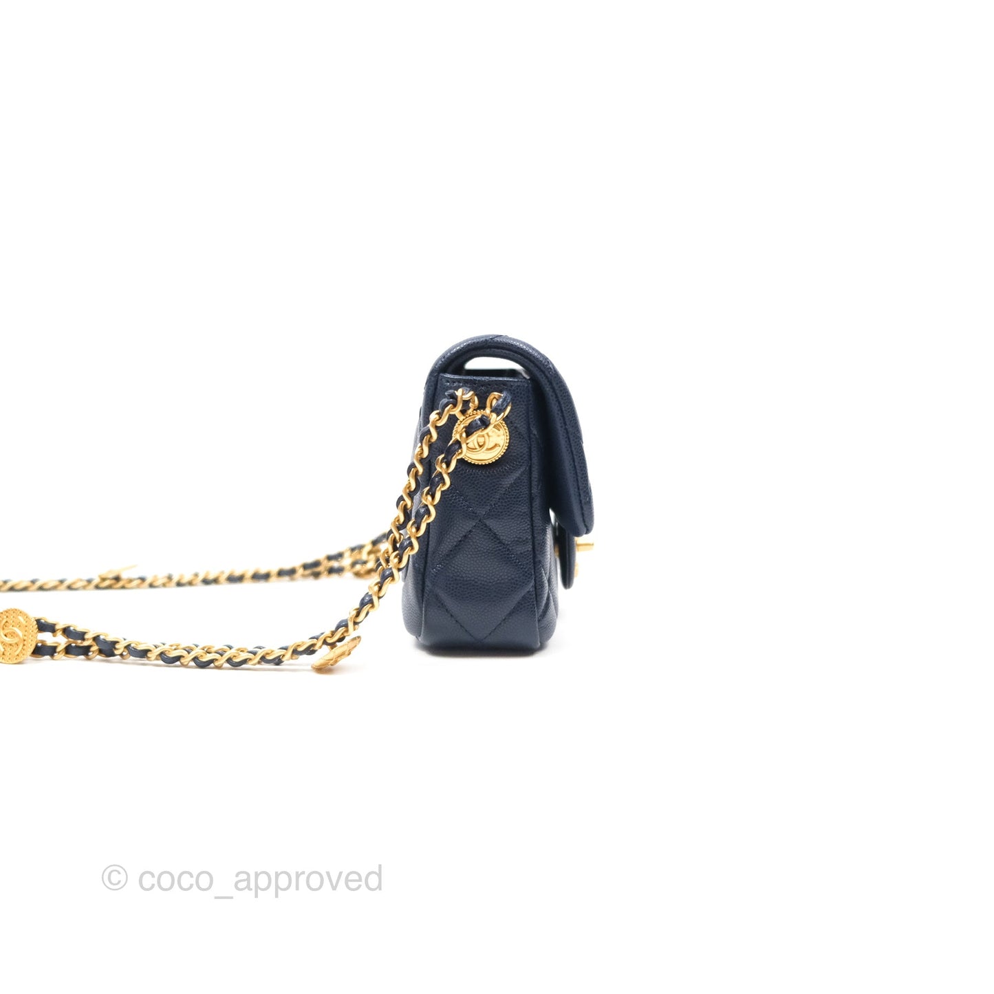 Chanel Mini Flap with Coin Charm Navy Caviar Aged Gold Hardware 22A
