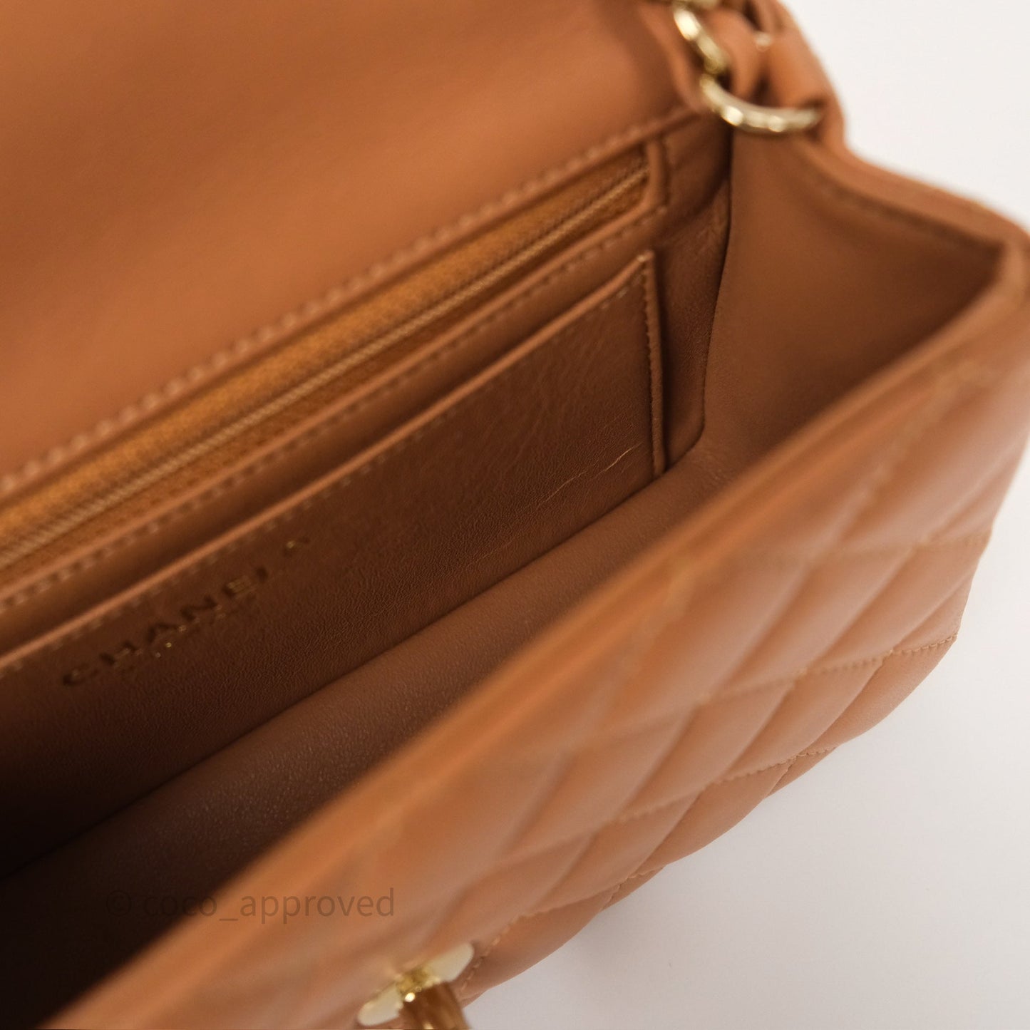 Chanel Mini Rectangular Flap Quilted Caramel Beige Lambskin Gold Hardware
