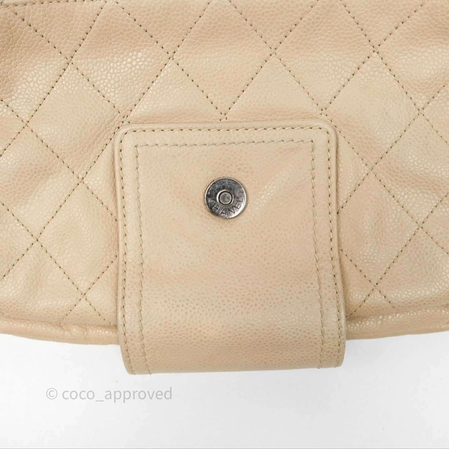 Chanel Quilted Coco Rider Hobo Bag Beige Caviar Ruthenium Hardware