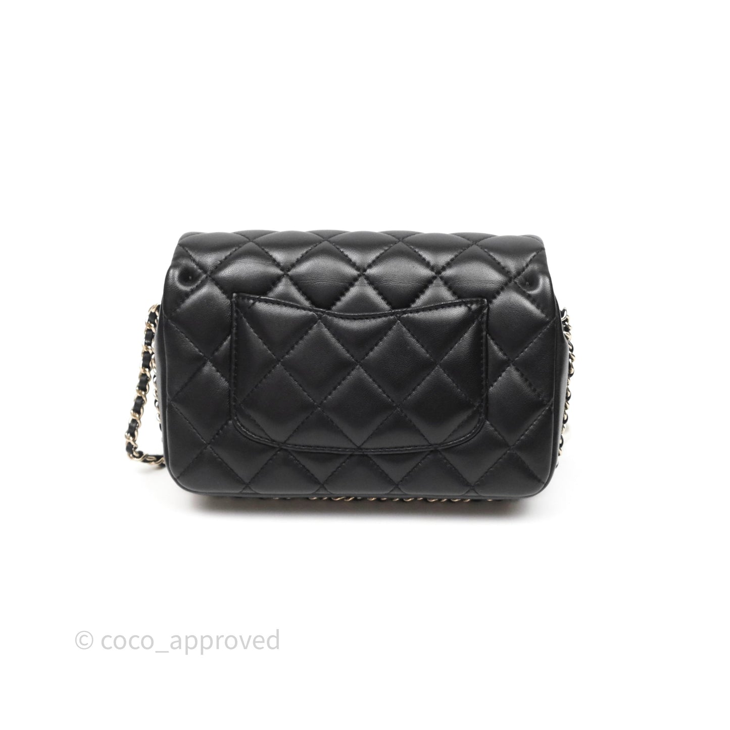 Chanel Logo Pearl Chain Flap Bag Black Lambskin Gold Hardware
