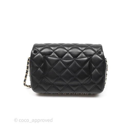 Chanel Logo Pearl Chain Flap Bag Black Lambskin Gold Hardware