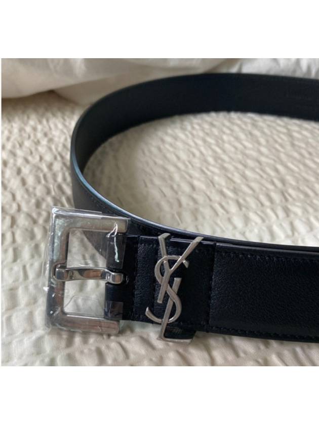 Luxury Saint Laurent Square Buckle Cassandre Thin Leather Belt Black