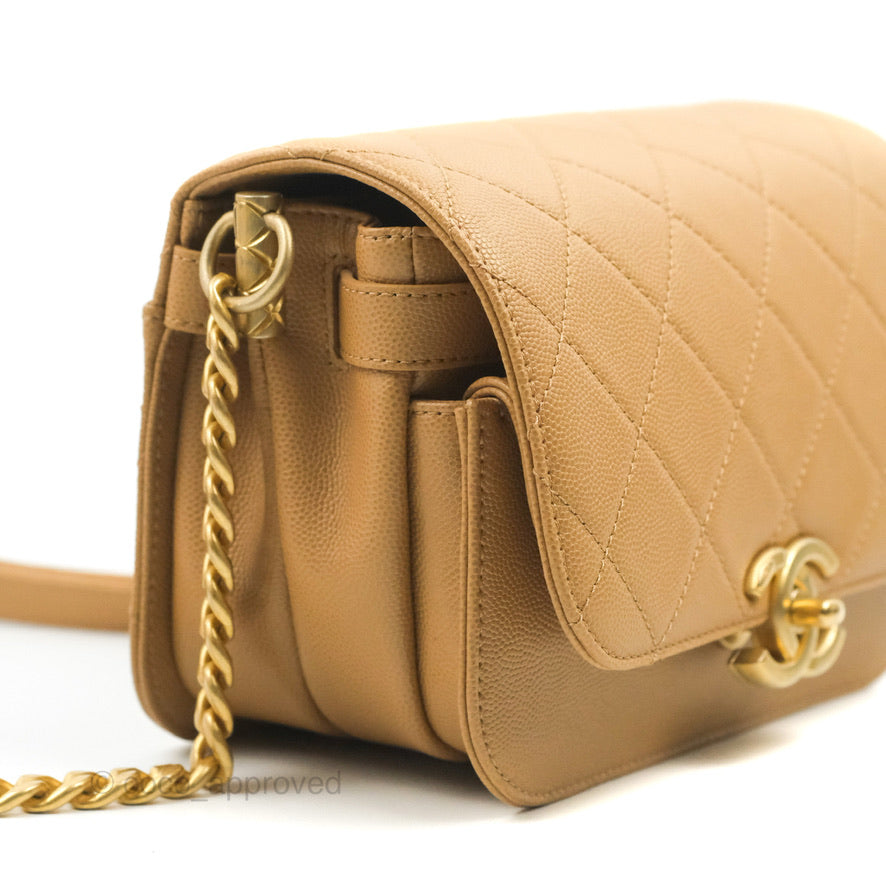 Chanel Mini Messenger Bag Beige Caviar Gold Hardware 21K