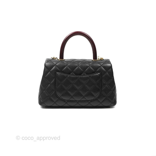 Chanel Small Coco Handle Black Caviar Gold Hardware Lizard Embossed Handle