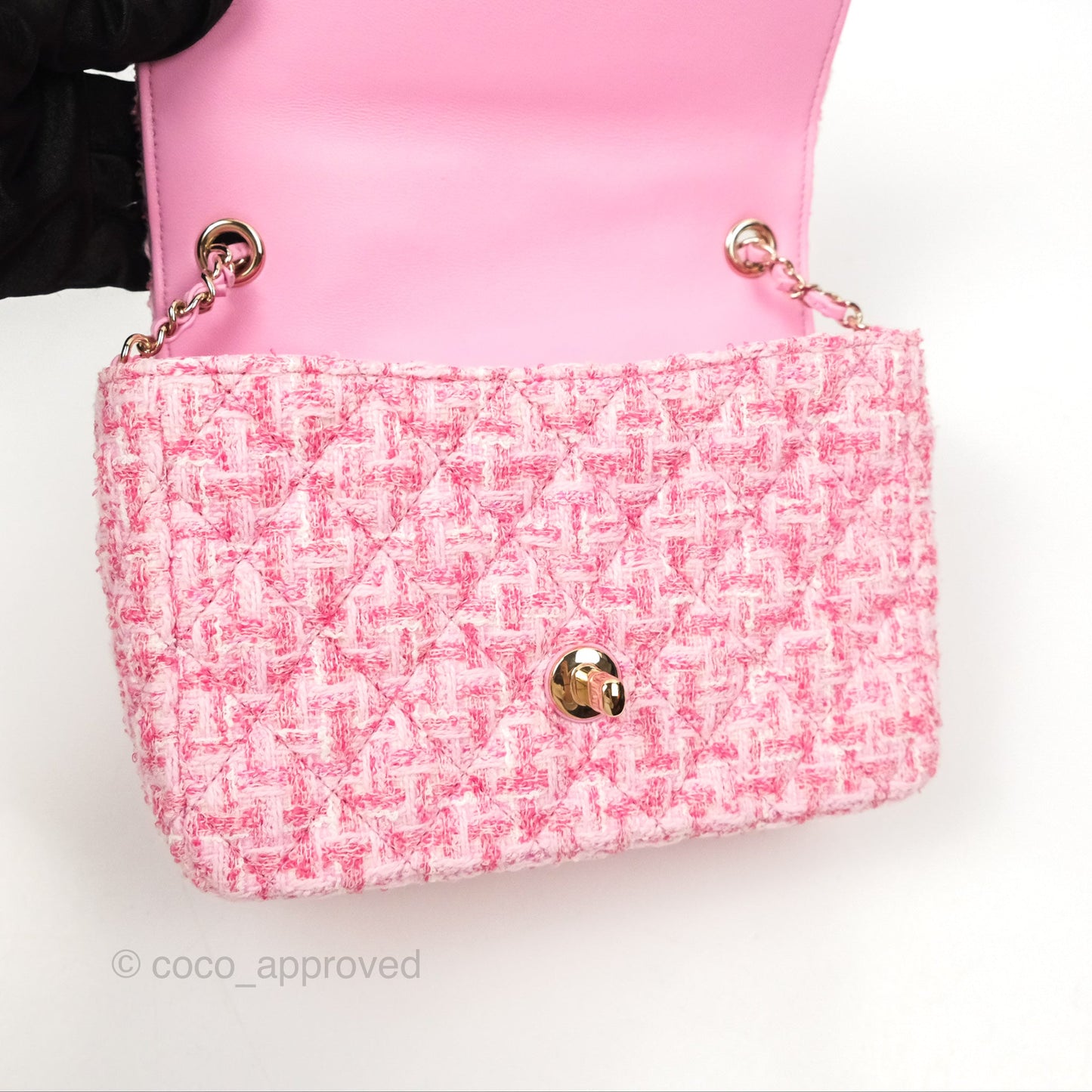 Chanel Flap Bag with Heart Resin Charm Chain Pink Tweed Gold Hardware