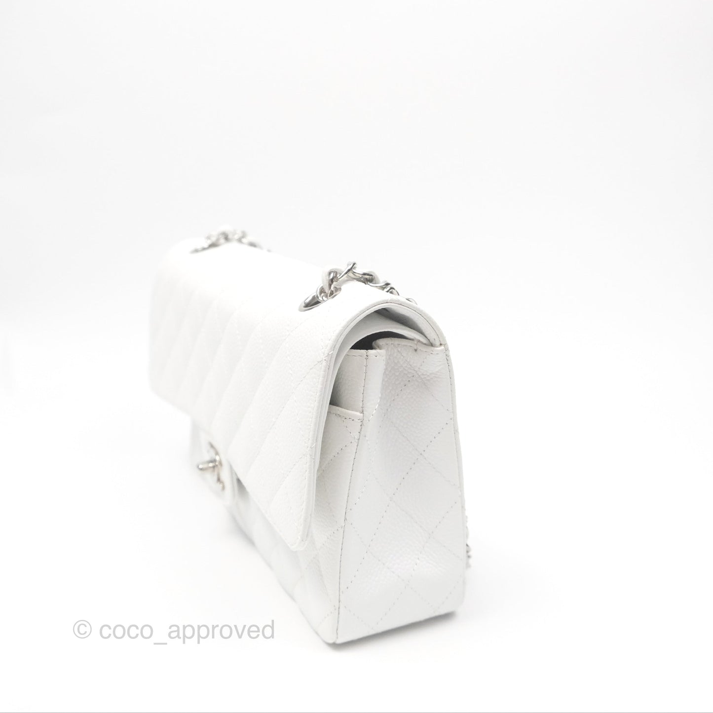 Chanel Classic M/L Medium Flap Quilted White Caviar Silver Hardware